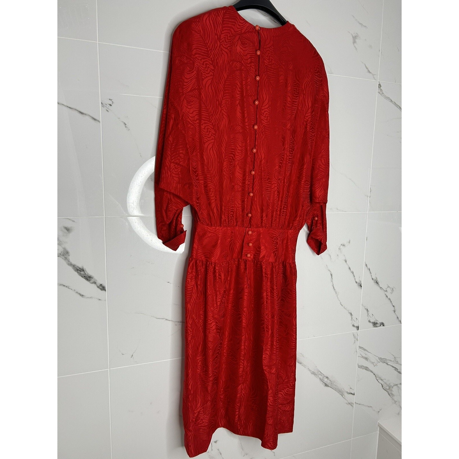 Vtg 80S SILK Jerri Sherman Midi Dress 12/L Red Jacquard Drop Waist Holidays