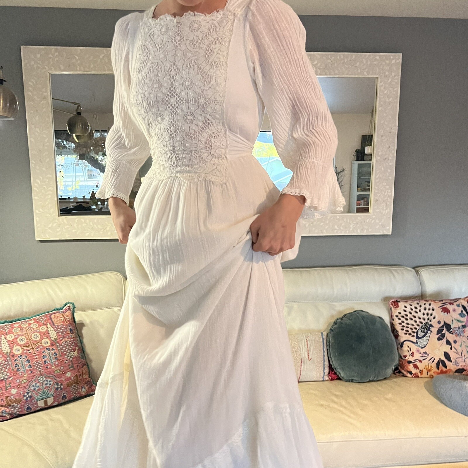 Gunne Sax Cream Gauze & Lace Maxi Dress Cottagecore Prairie Dress Boho Wedding S