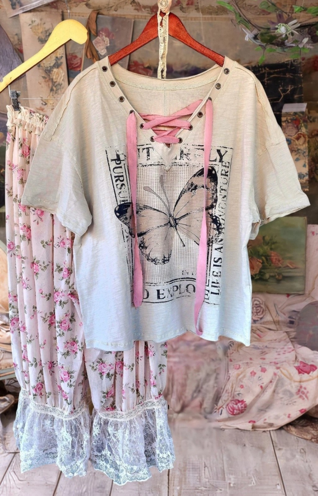 Free People Magnolia Style Gray Cotton hippie boho t-shirt top blouse shirt XL