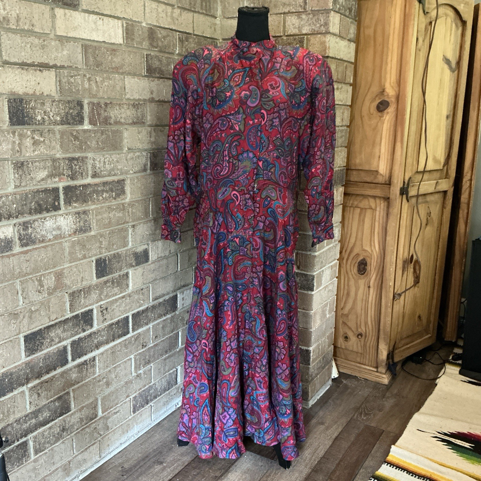 80s VINTAGE Liz Claiborne Dresses 100% Rayon Paisley Maxi Dress Size 14 Red #6E2