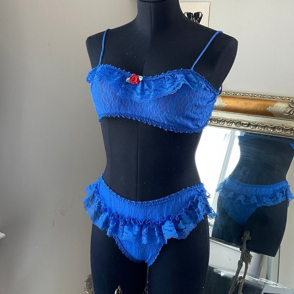 vintagte Juliara Floral Lace Ruffle lingerie Bra & Panty 2 Piece Set Size L