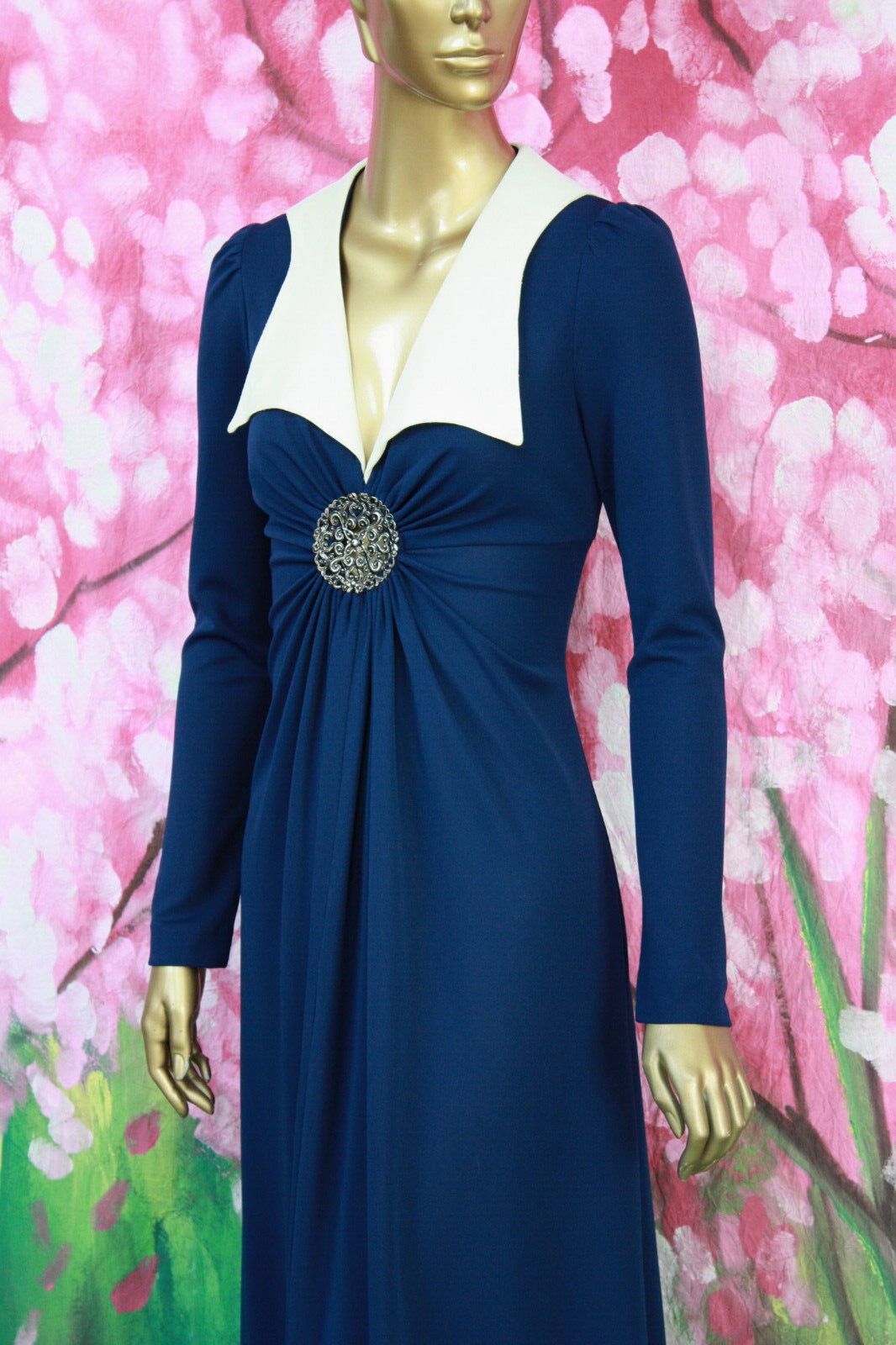 Vtg 70s Boho Hippie Ruched Maxi dress Blue Cutout Medallion CORKY CRAIG XS S/M