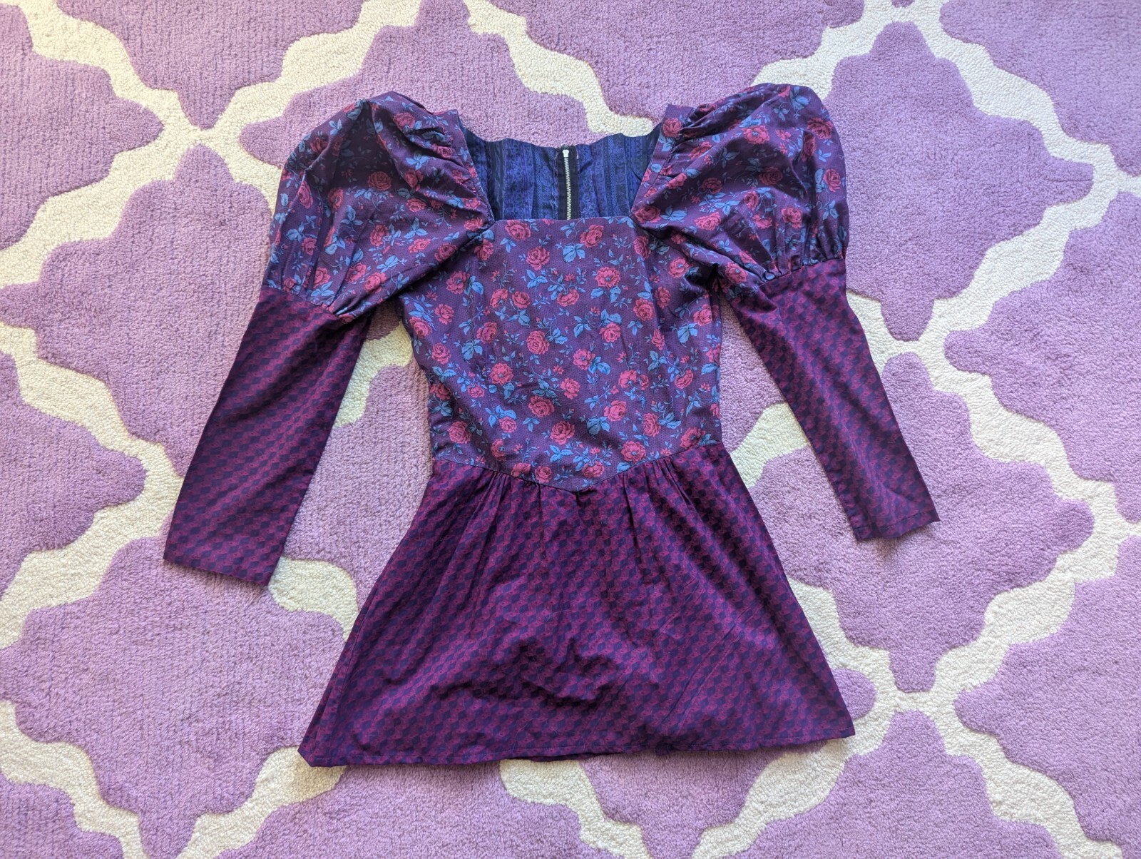 Vintage 70’s 80’s Purple Pink Puff Juliet Sleeves Floral Mini Dress Size Small