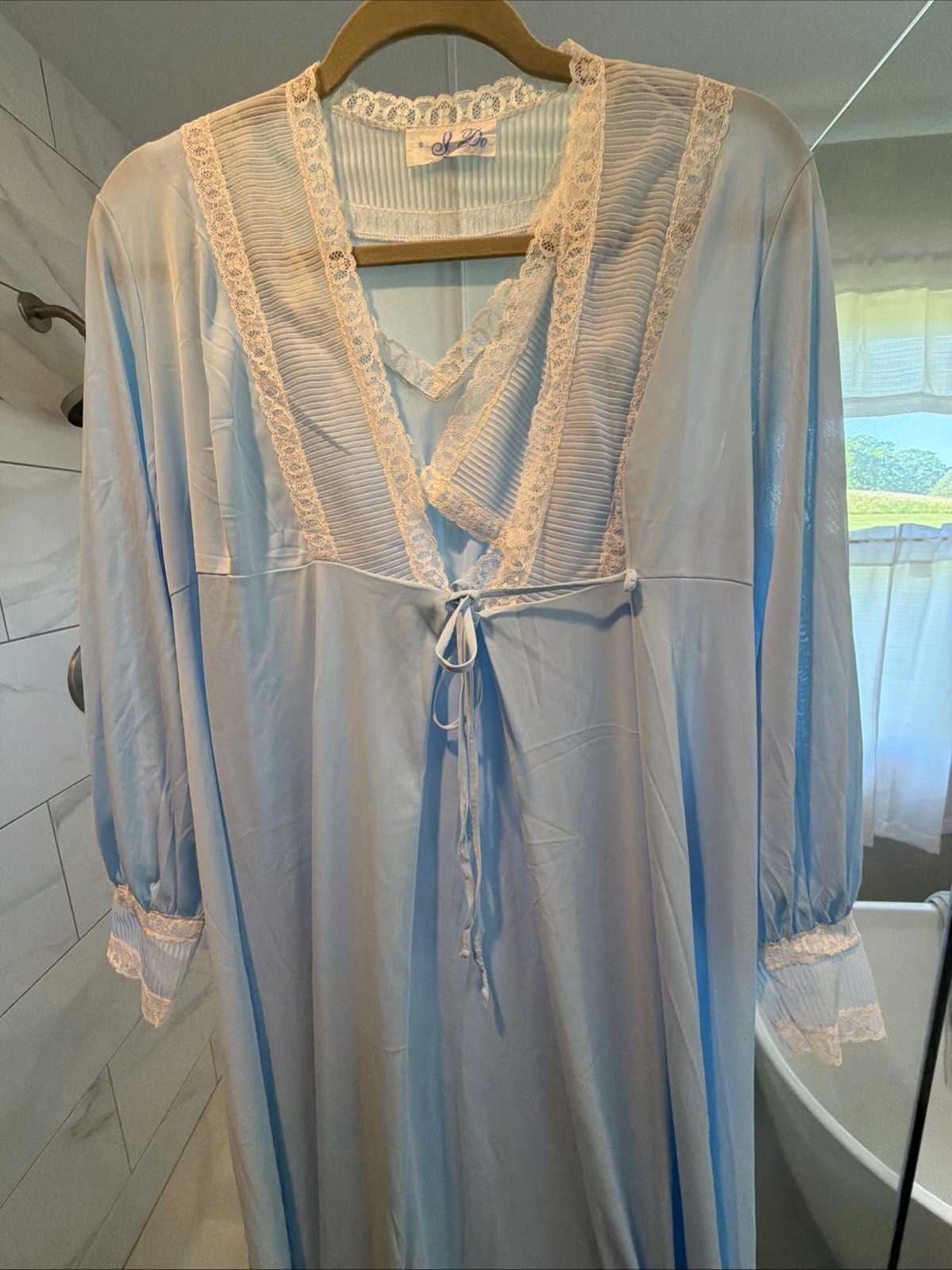 VTG I Do NYLON Lace Detail Baby Blue PEIGNOIR ROBE/NIGHTGOWN 2Pc SET Sz Small