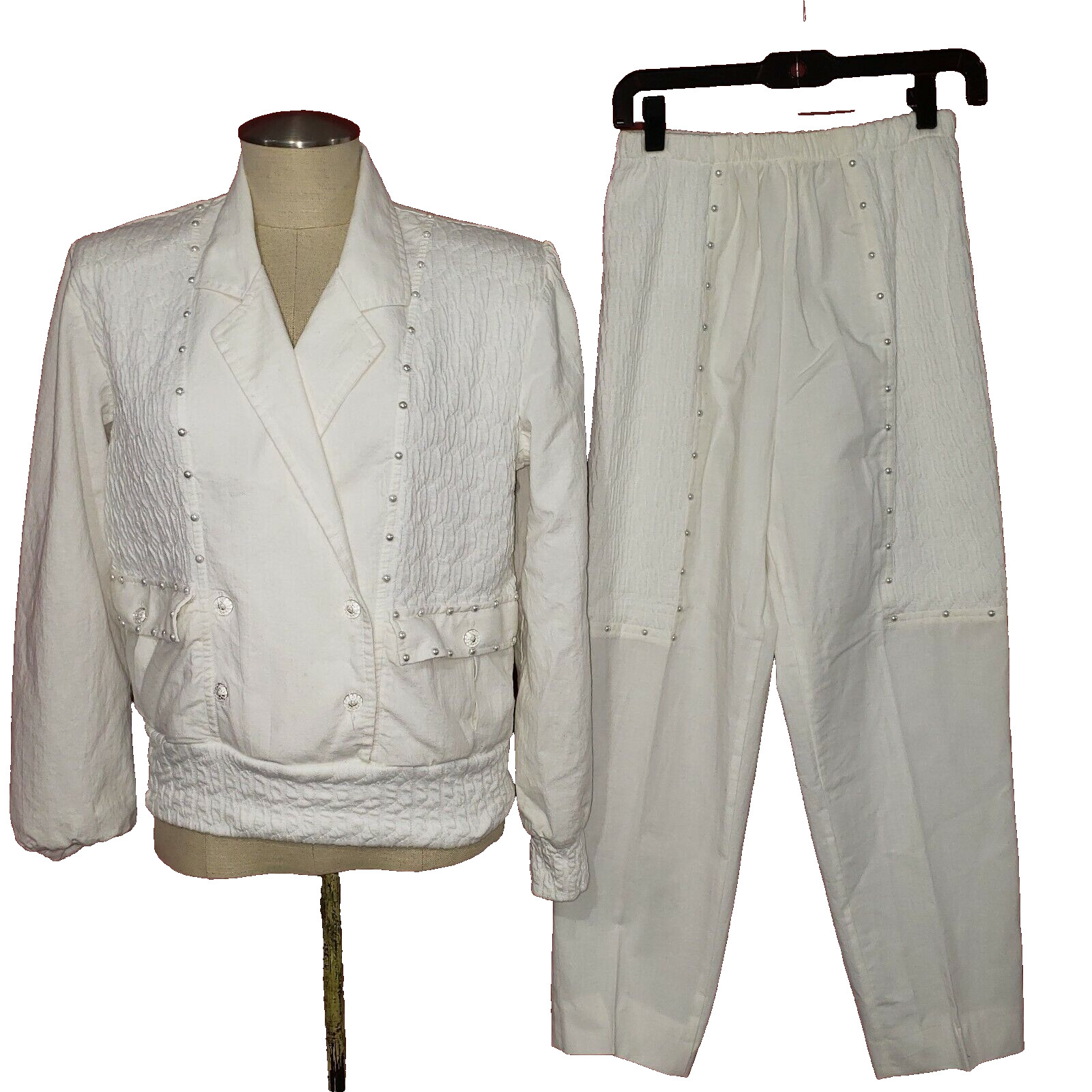 Mari-Lyn Miami USA White Cotton 2PC Jacket-Pullover & Pants Silver Metal Trim M