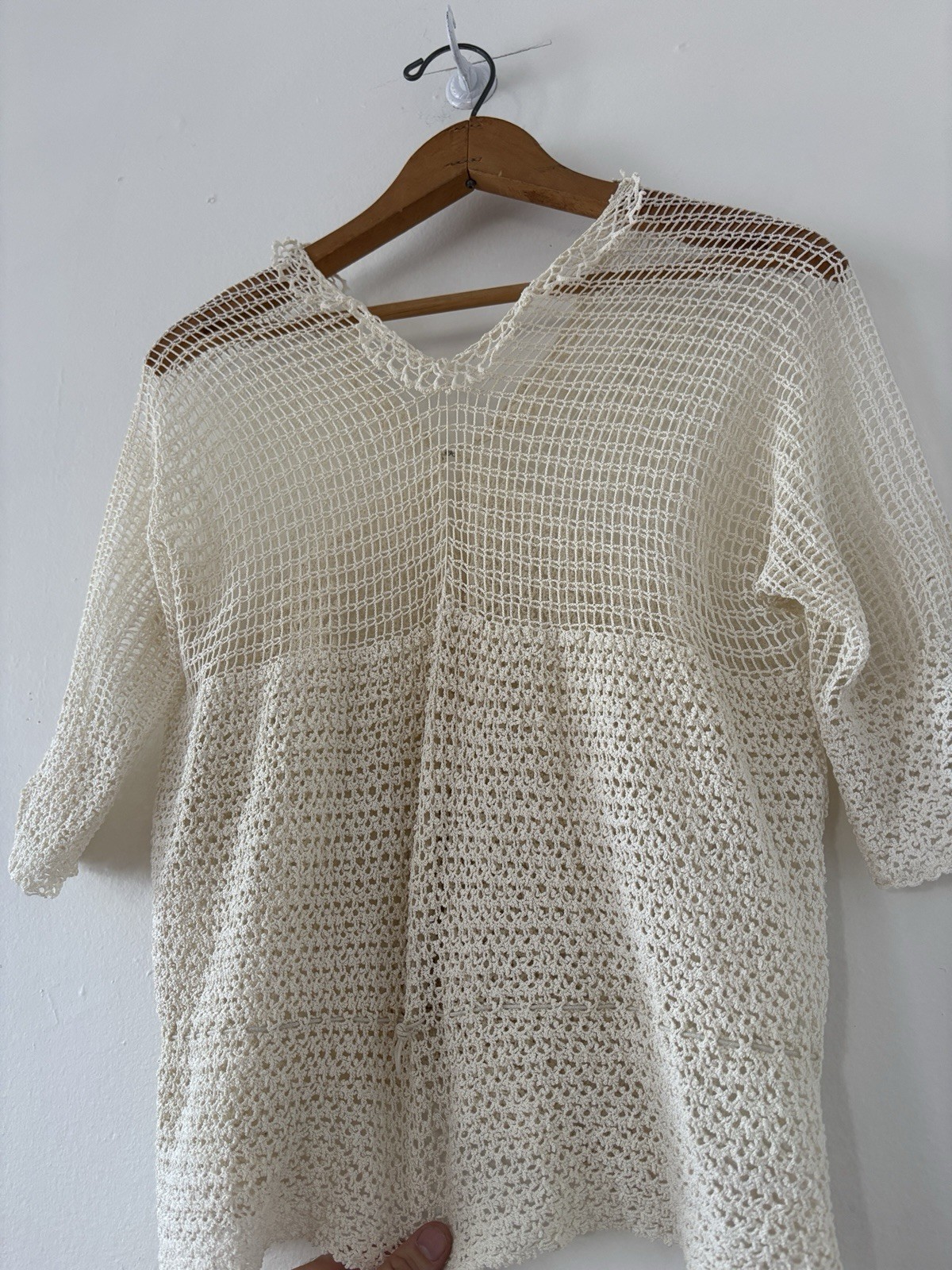 Antique Edwardian 1910s 1920s Ecru Rayon Crochet Knit Top/Sweater Ruffle Edging