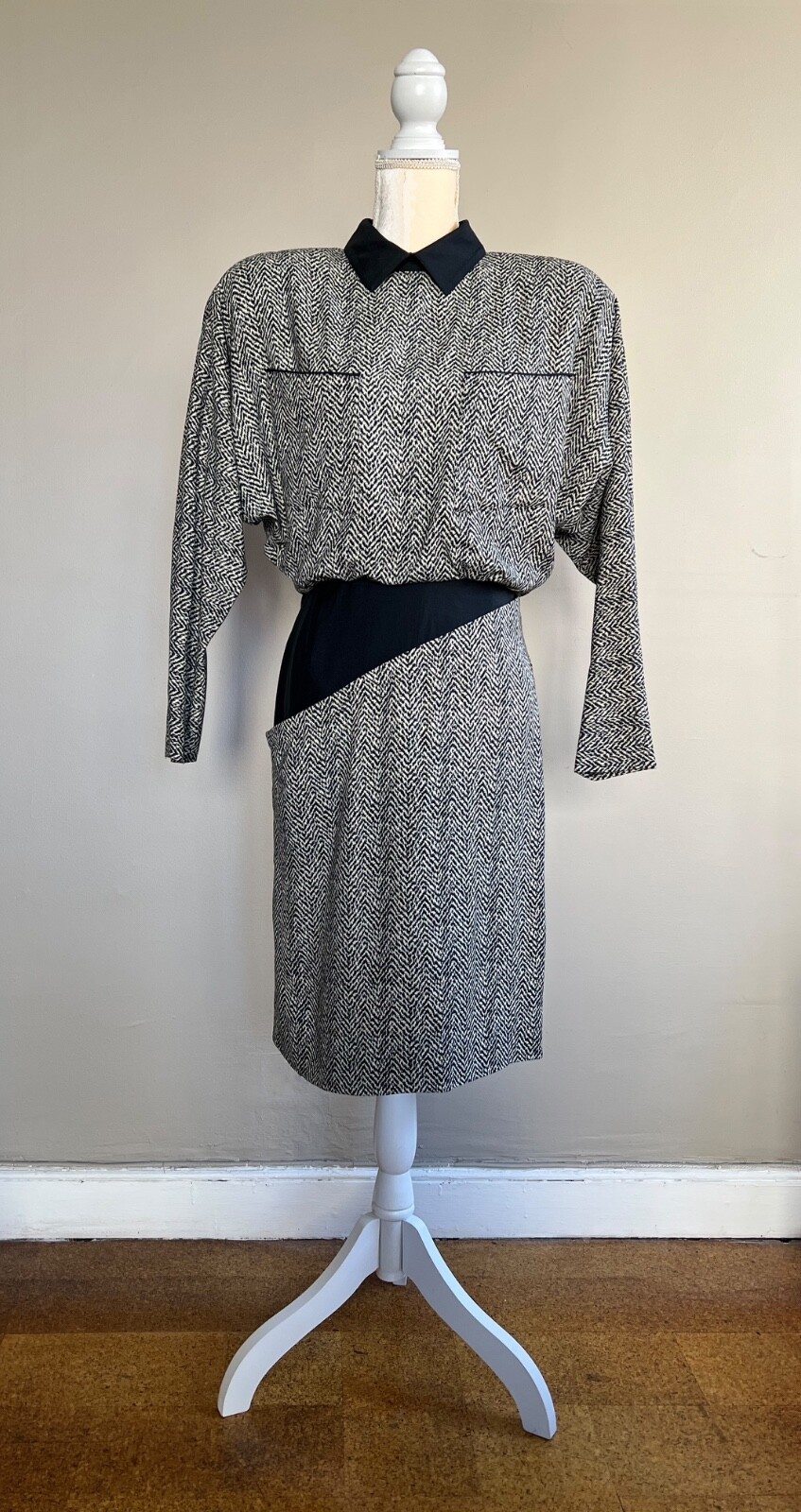 Vintage 80s St. Gillian by Kay Unger Silk Black & Ivory Blouson Midi Dress, SZ8