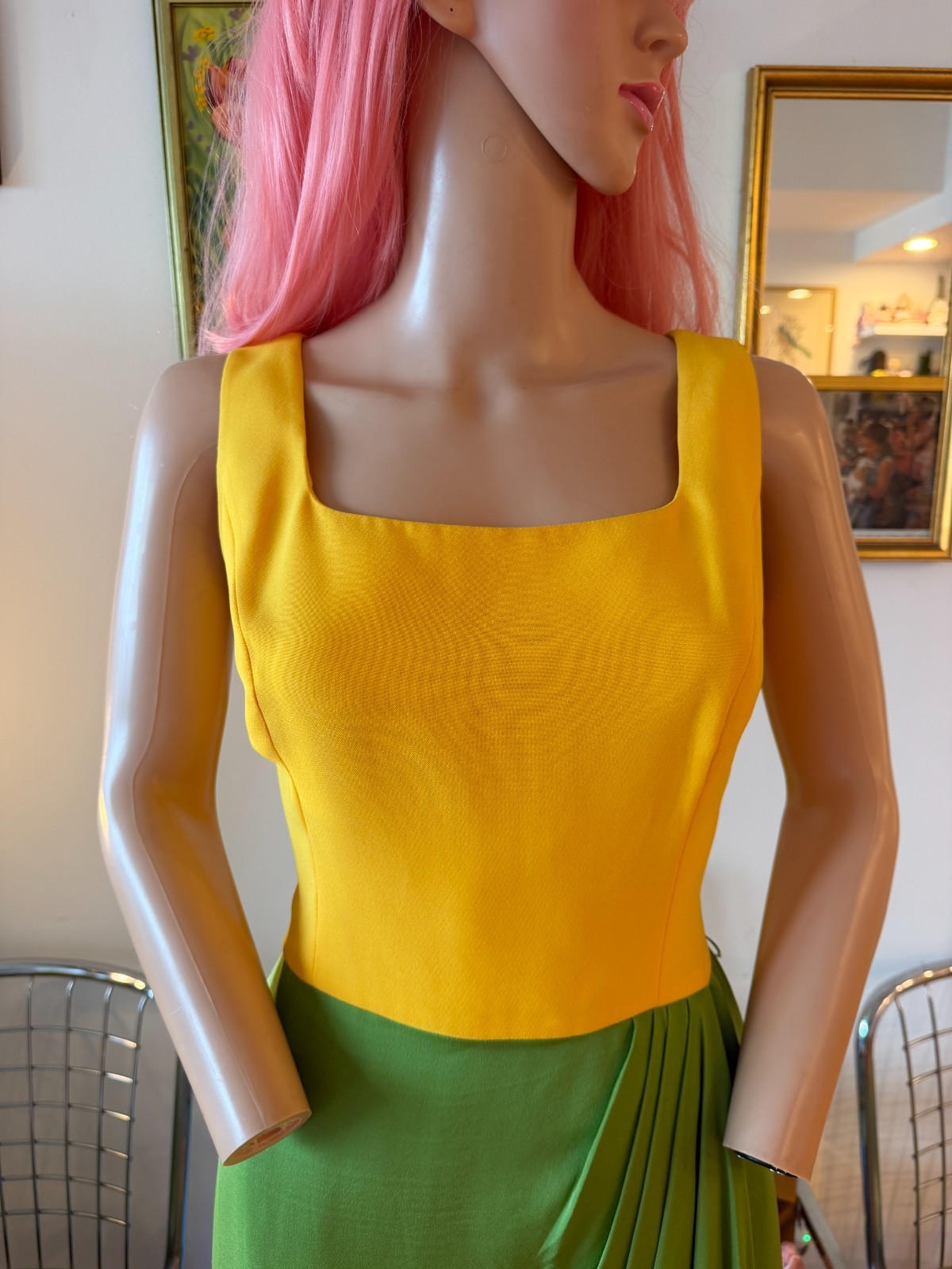 🌼 Vtg 90s Bill Blass Evening Silk Colorblock Cocktail Dress Marigold Dress M