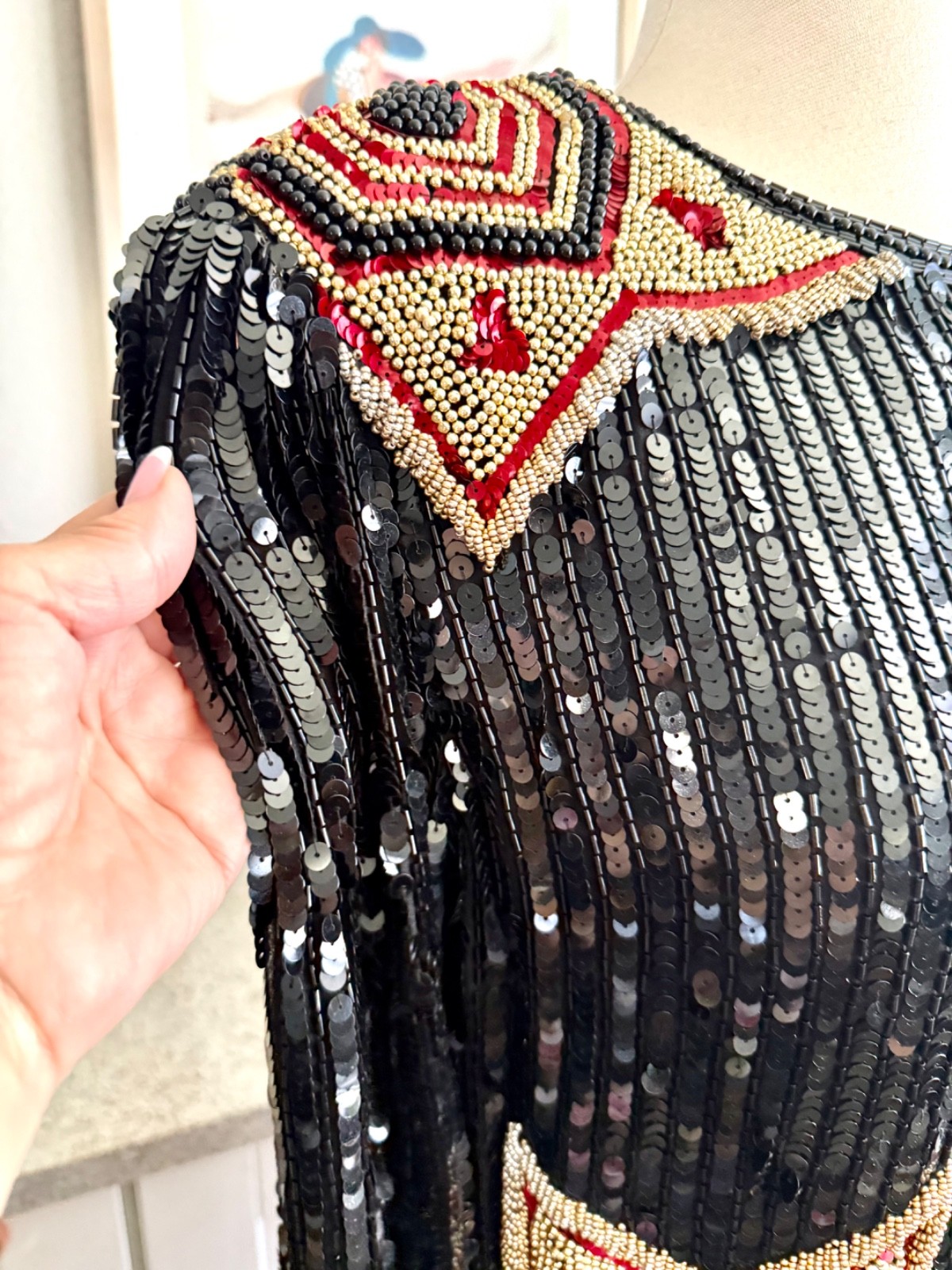 Vintage 80’s Niteline Beaded & Sequin Top Fringe sz S Black Gold Red