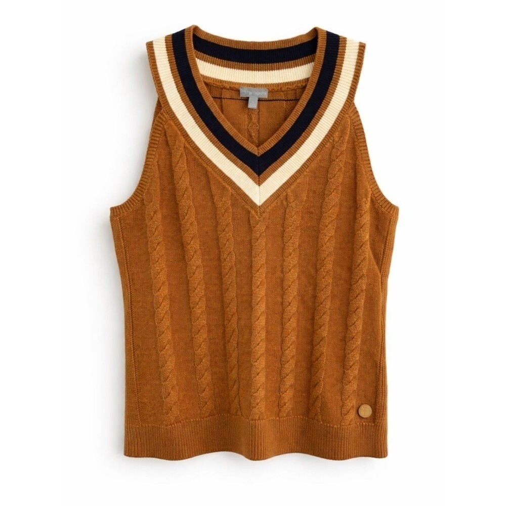 T by Talbots Cable Knit Sweater Vest Mustard V-Neck Stripe Trim Preppy Chic Sz M