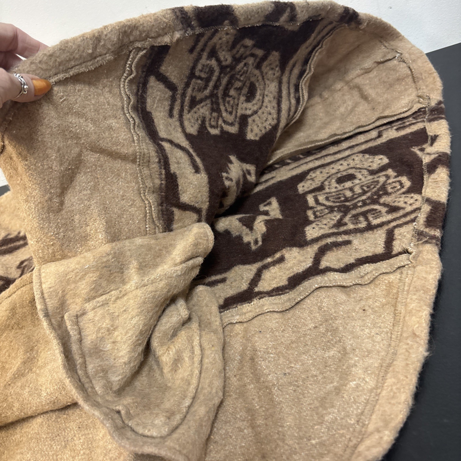 Vintage Aztec Hooded Wool Blend Poncho Jacket With Pockets One Size – S To 3xl