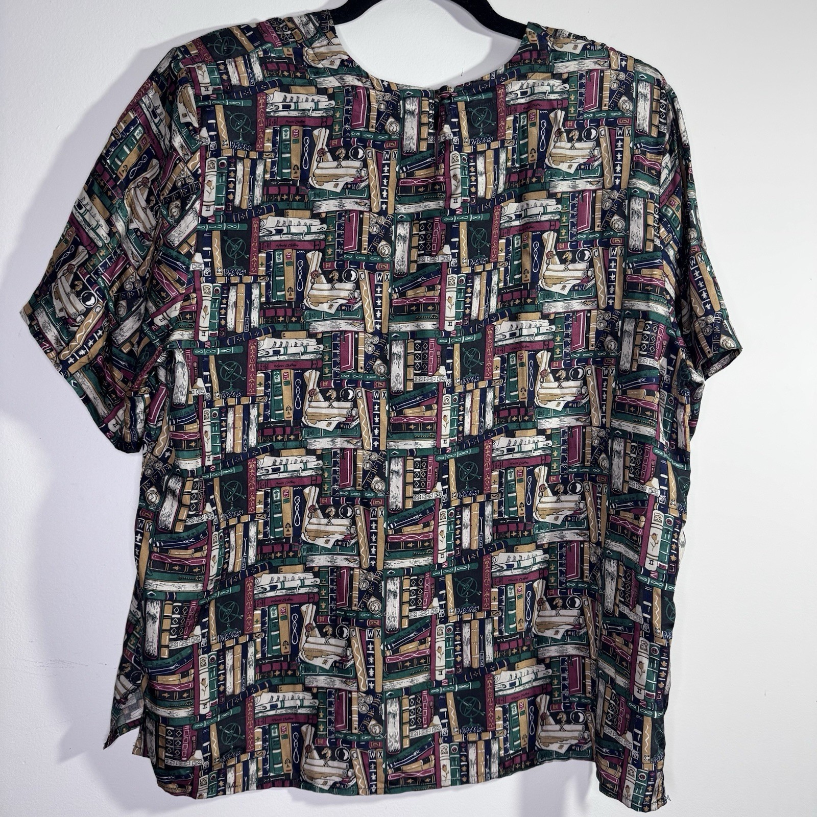 Vintage 90s Silk Book Print Blouse TAN Library Academia Teacher Top L