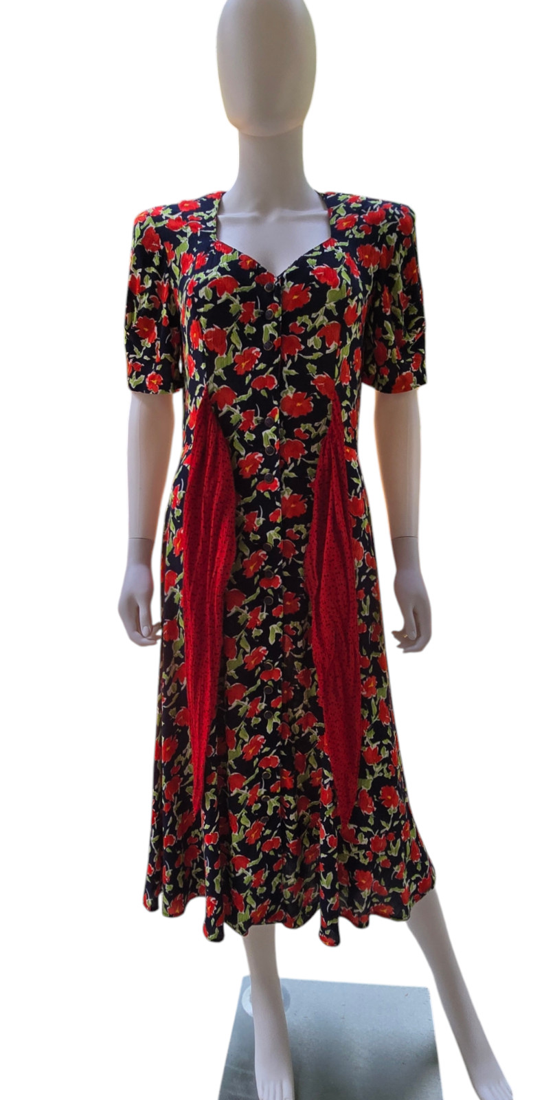 VTG 80s Does 40s Carole Little Rayon Gauze Red White Blue Floral Print Dress S M