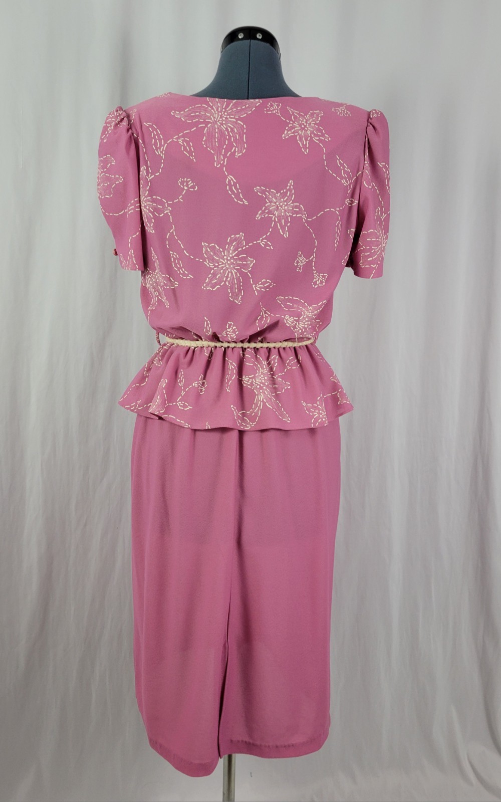 Vtg Earth Angel Mauvish-Pink Blouson Dress w Peplum & Cream Floral Print Size S?