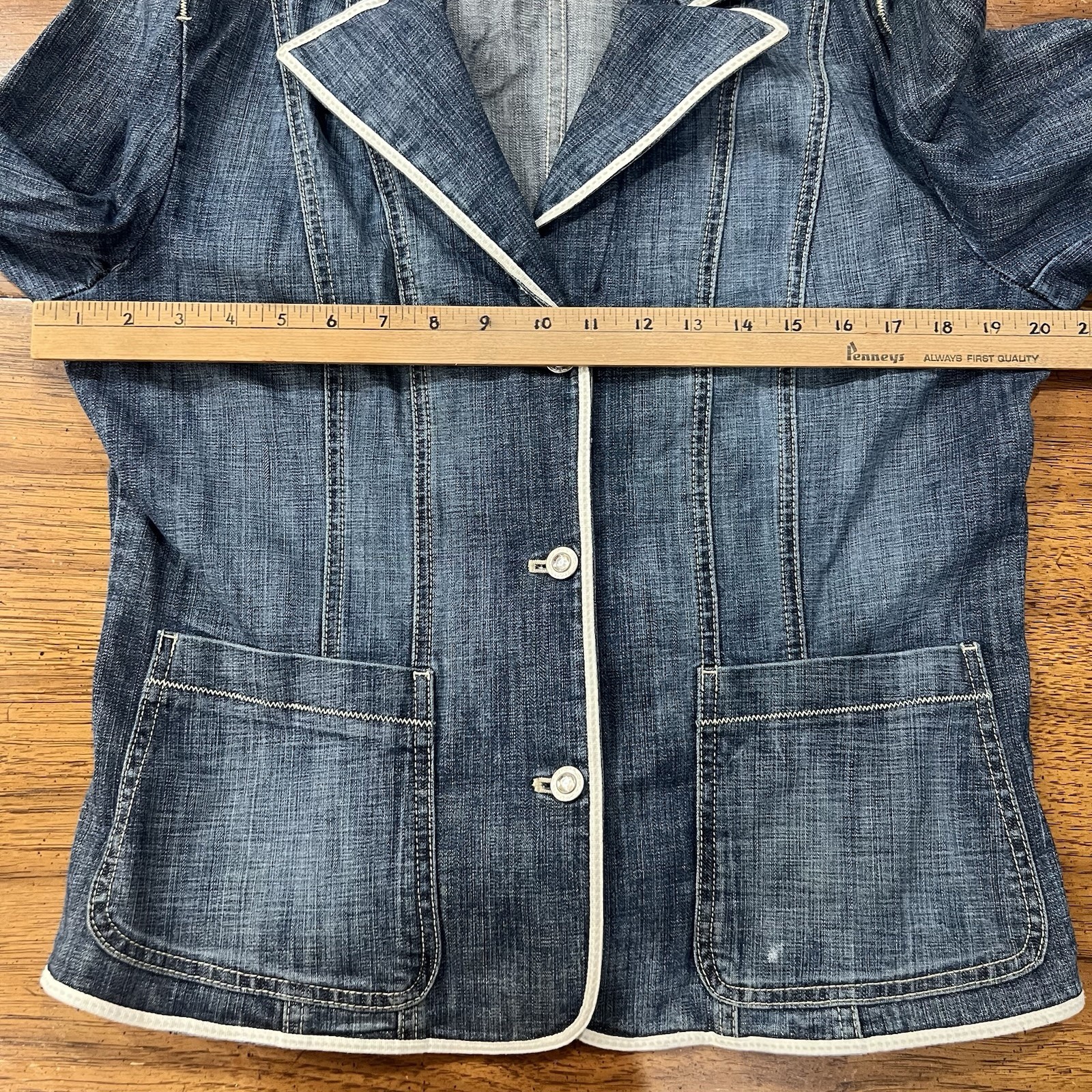 VTG Carol’s Denims Blazer Jacket L Blue Jean White Piping Preppy Cottagecore Y2K