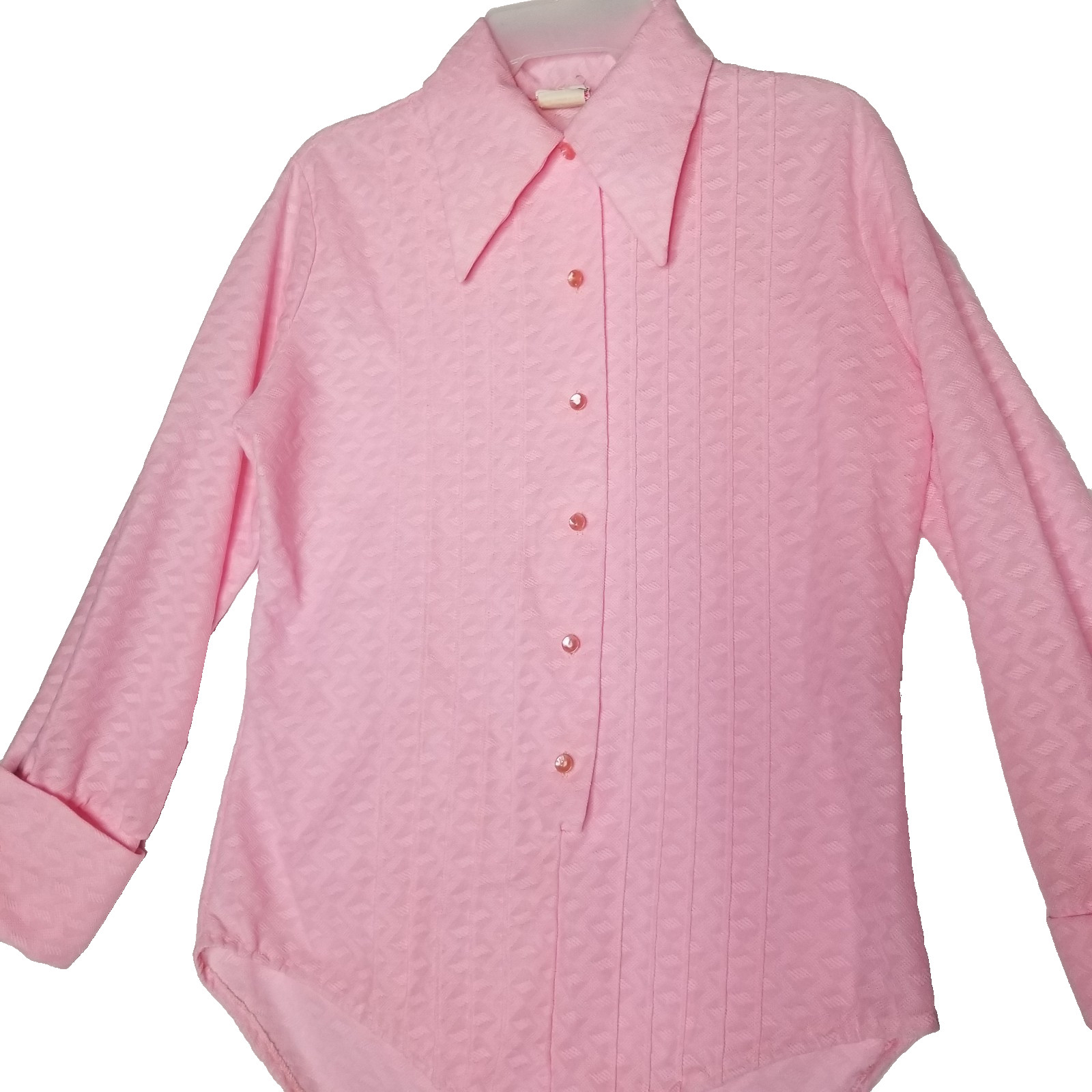 Vtg 70s Pink Pintuck Long Sleeve Bodysuit Blouse Large Pointed Collar Shirt