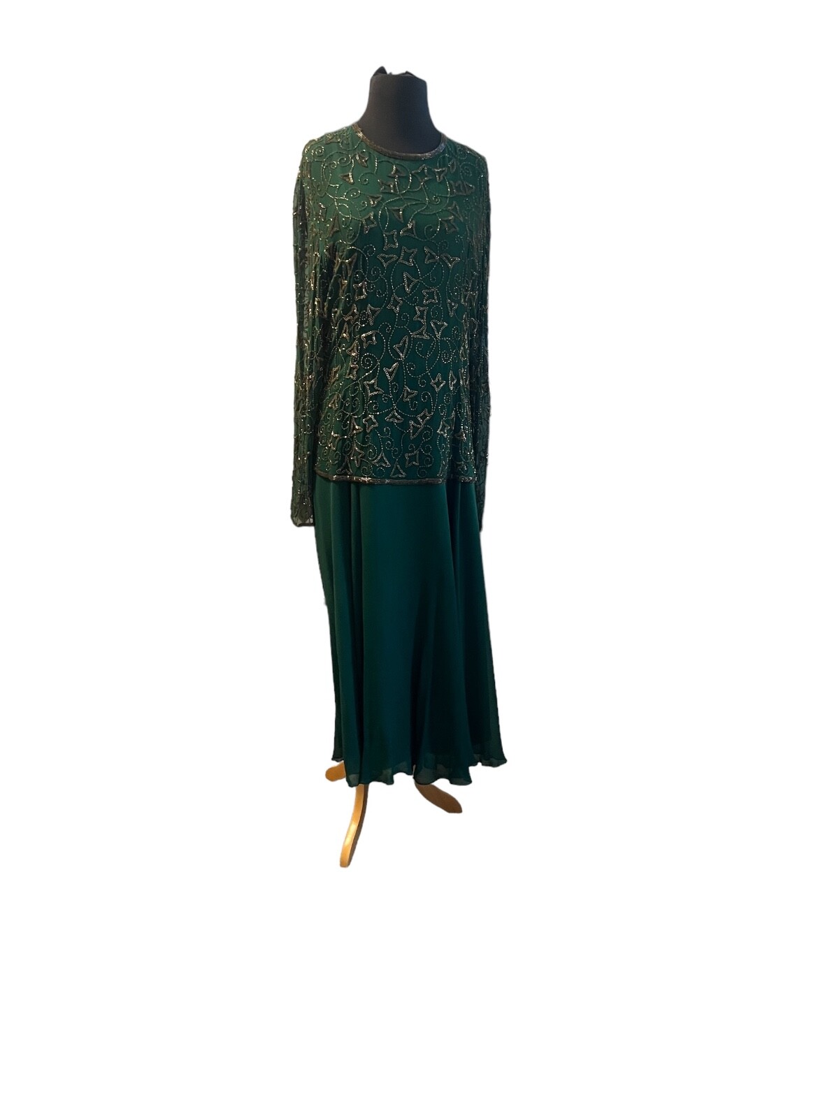 Vintage Evening Gown Niteline by Della Roufogali Green beaded Long sleeve, SZ 16