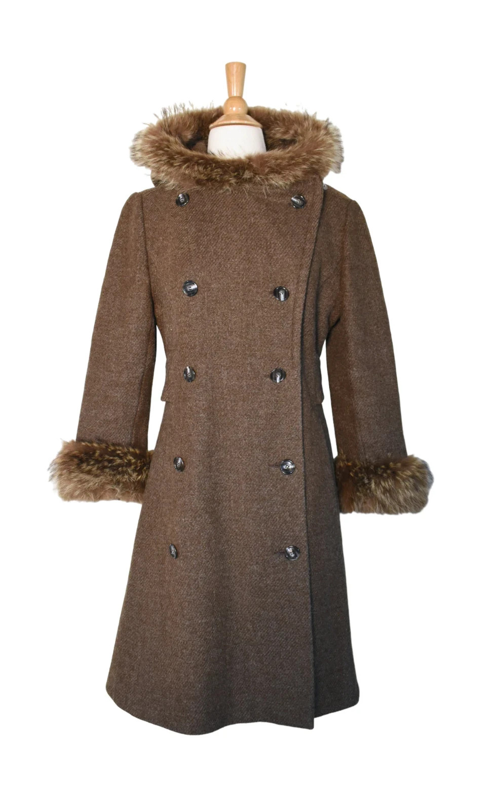 Vintage 70s Ronnie Sophisticates Cocoa Brown Wool Tweed Fur Hood Penny Lane Coat