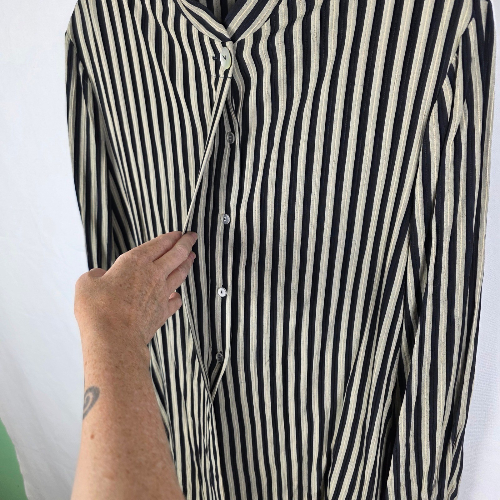 Camille Claudel Vintage Striped Button Up Blouse Black Cream XL Made in USA