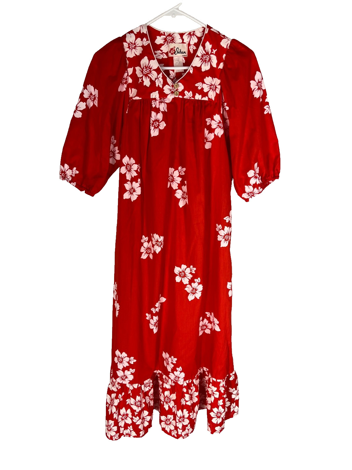 VTG Sidan Hawaii Maxi Dress Red White Hibiscus Long MuuMuu Gown Flowy Small