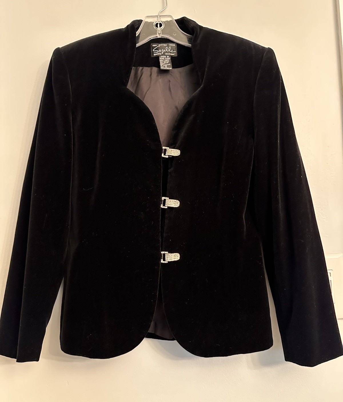 Vintage 90s SUZELLE Black Velevet Type Rhinestone Clasps Jacket Blazer Medium 12