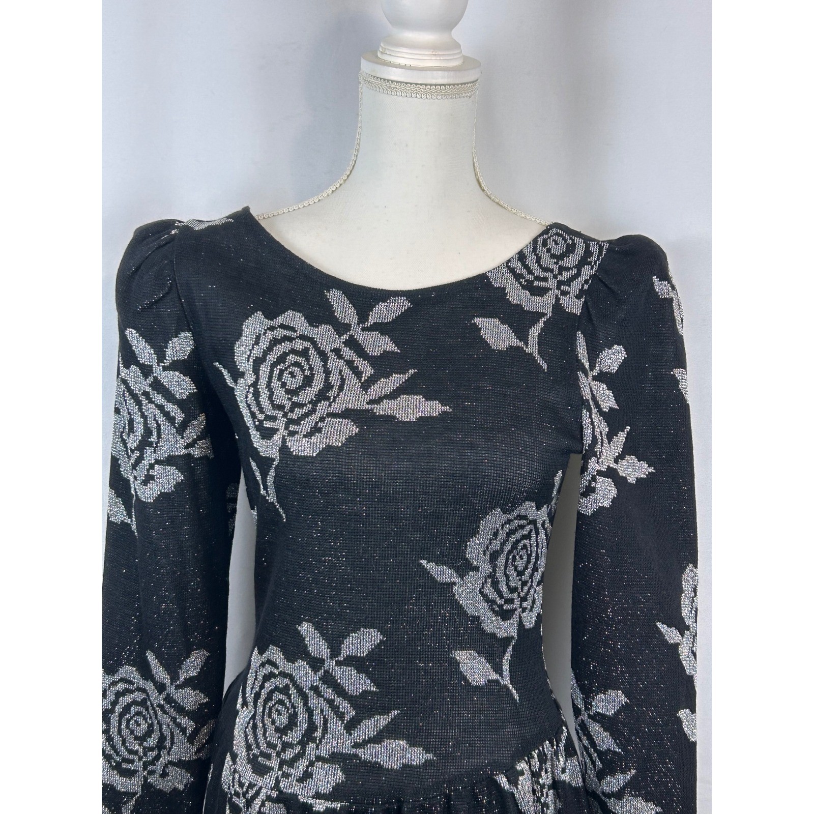Vintage Hot Line Arlene Murry Black Silver Metallic Rose Knit Midi Dress 9/10