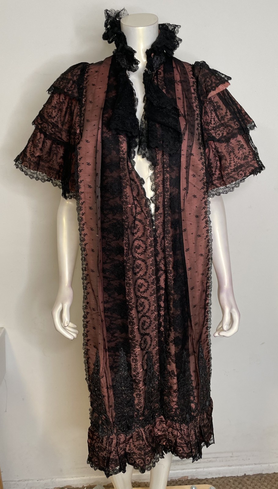 Antique 1800s 1900s Victorian Cape Pink & Black Chantilly Lace Beaded Ruffles OS