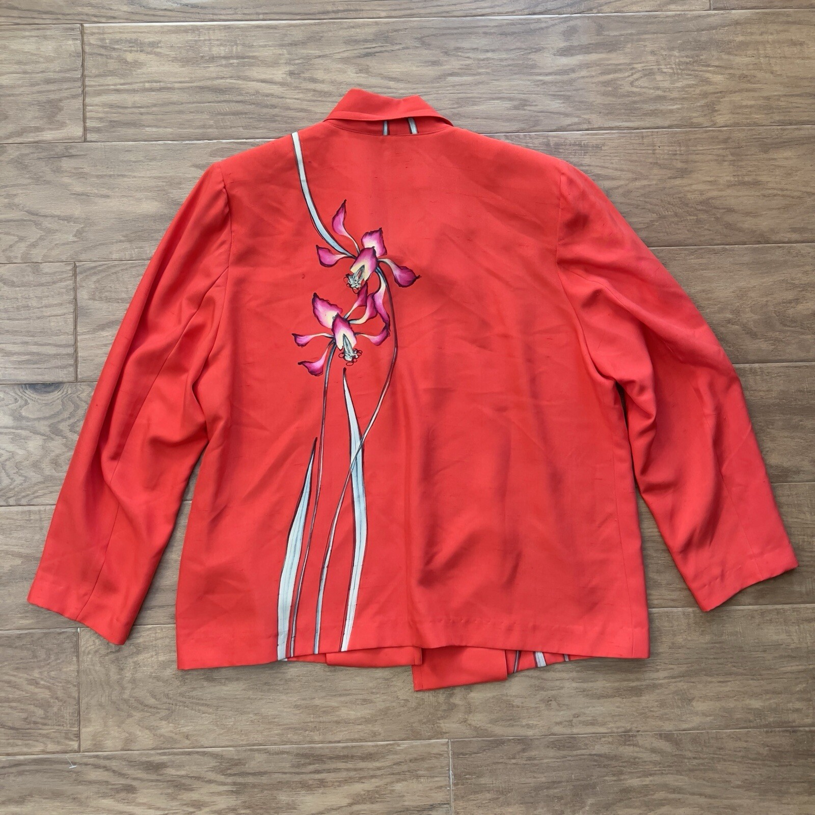 Vintage Yolanda Lorente Open Blazer Jacket 1X Floral Red Hand Painted 100% Silk