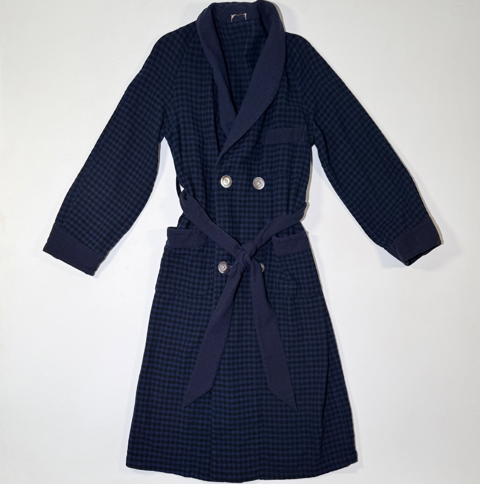 Double-Breasted Navy Blue And Black Gingham Check Wool Robe
