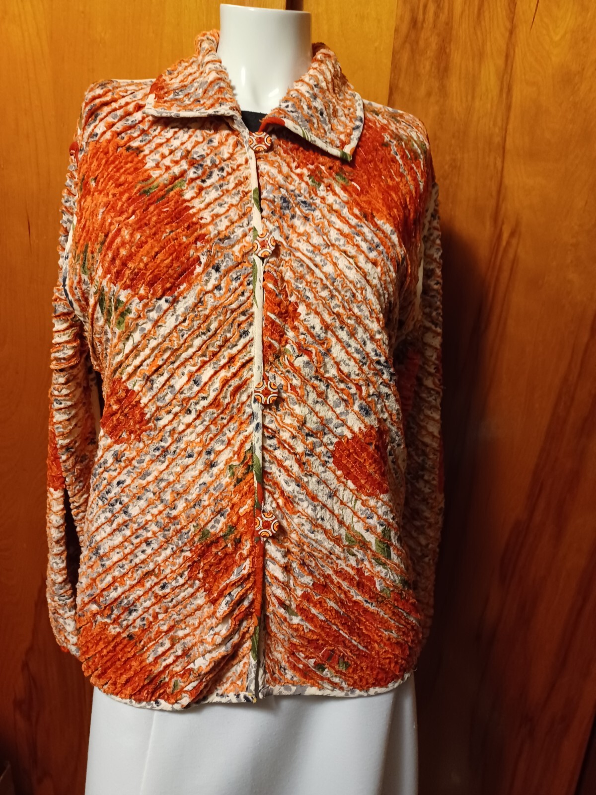 Vtg Paula Sweet Reversible Burnt Orange Gray Floral Fringe Cardigan S/M