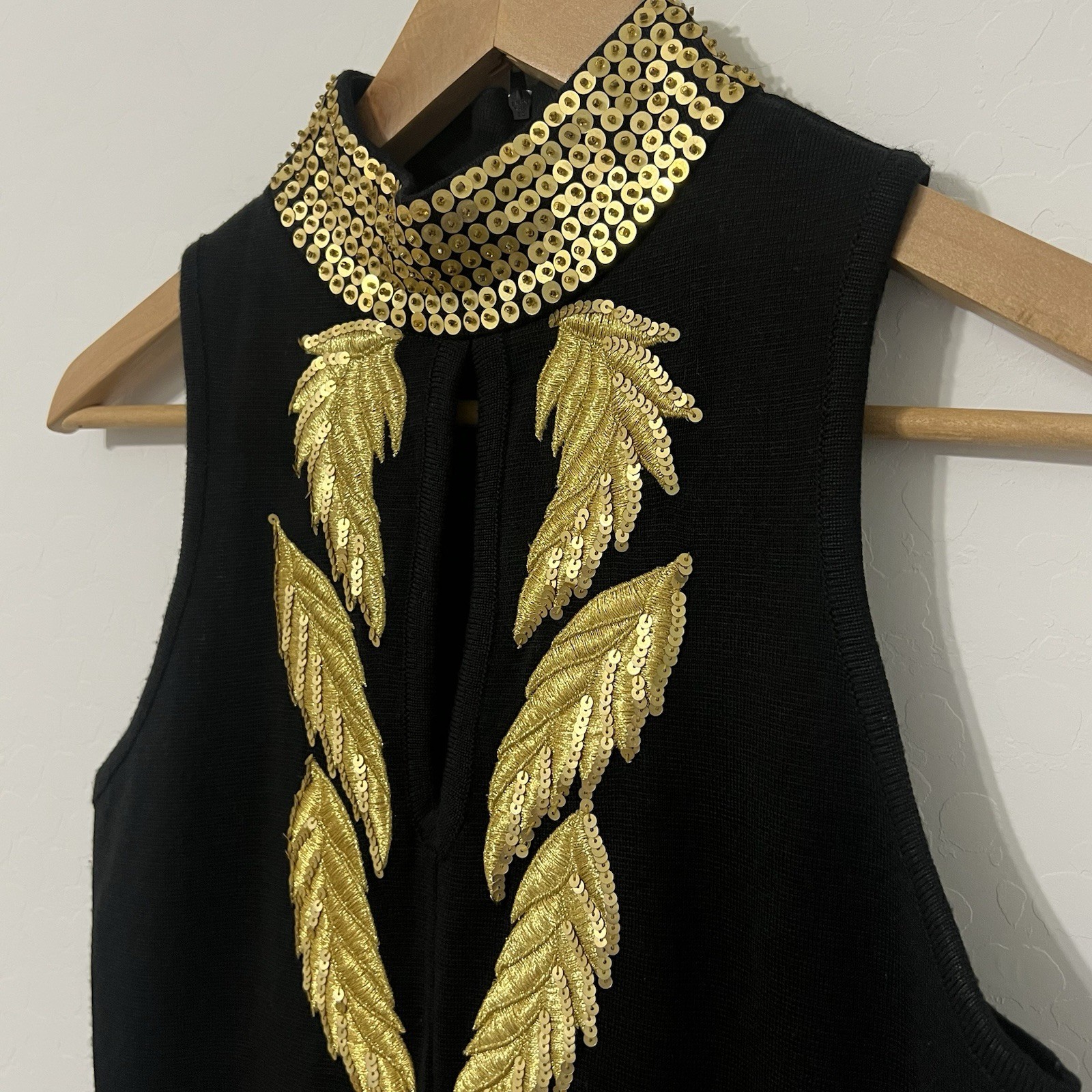 Vintage 80’s Casual Corner Gold Sequin Leaf Dress | Grecian Choker Wiggle Midi