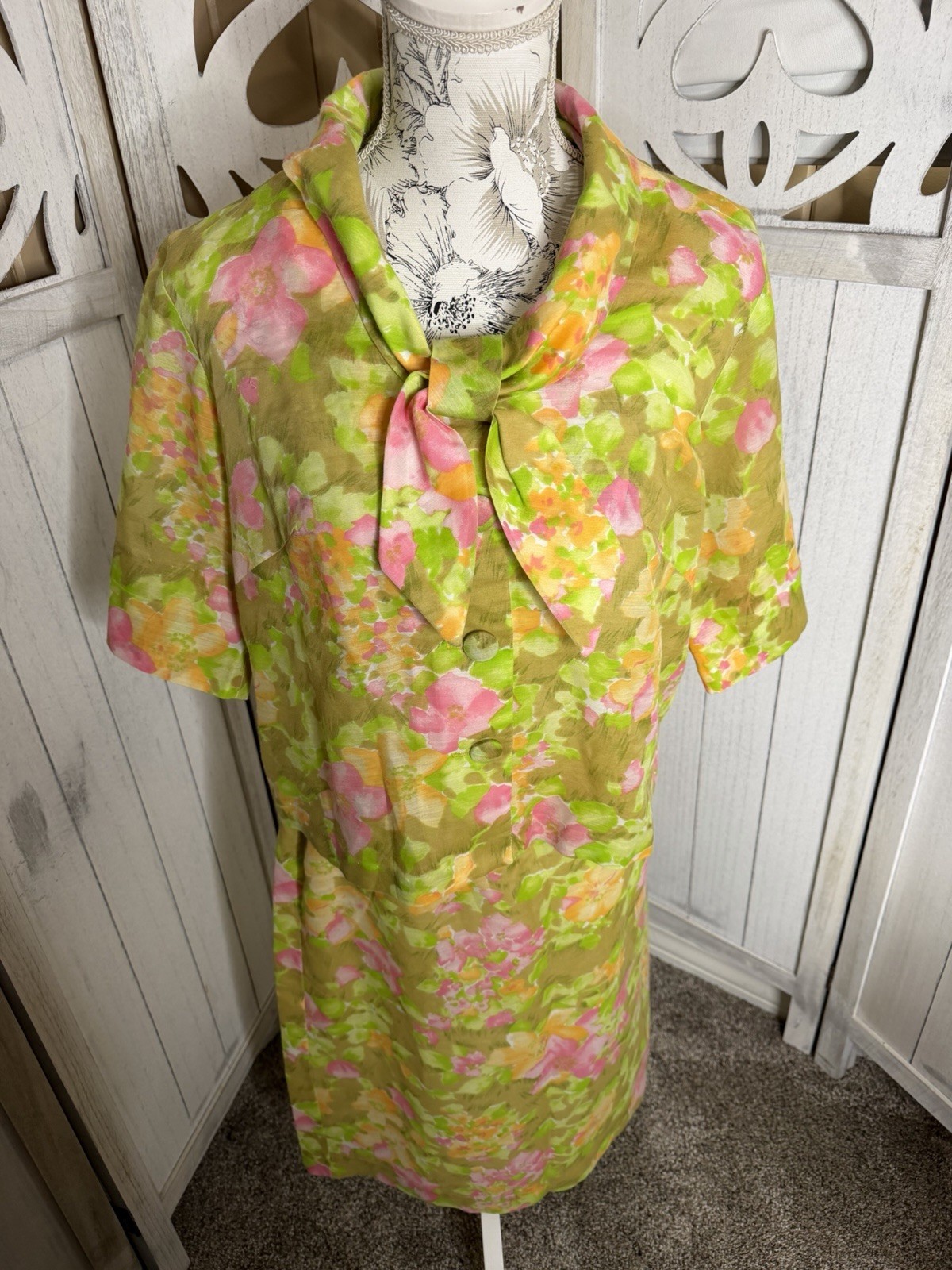 1960’s Vintage Mod Retro Skirt & Top Bright Floral Print Secretary Sz Large