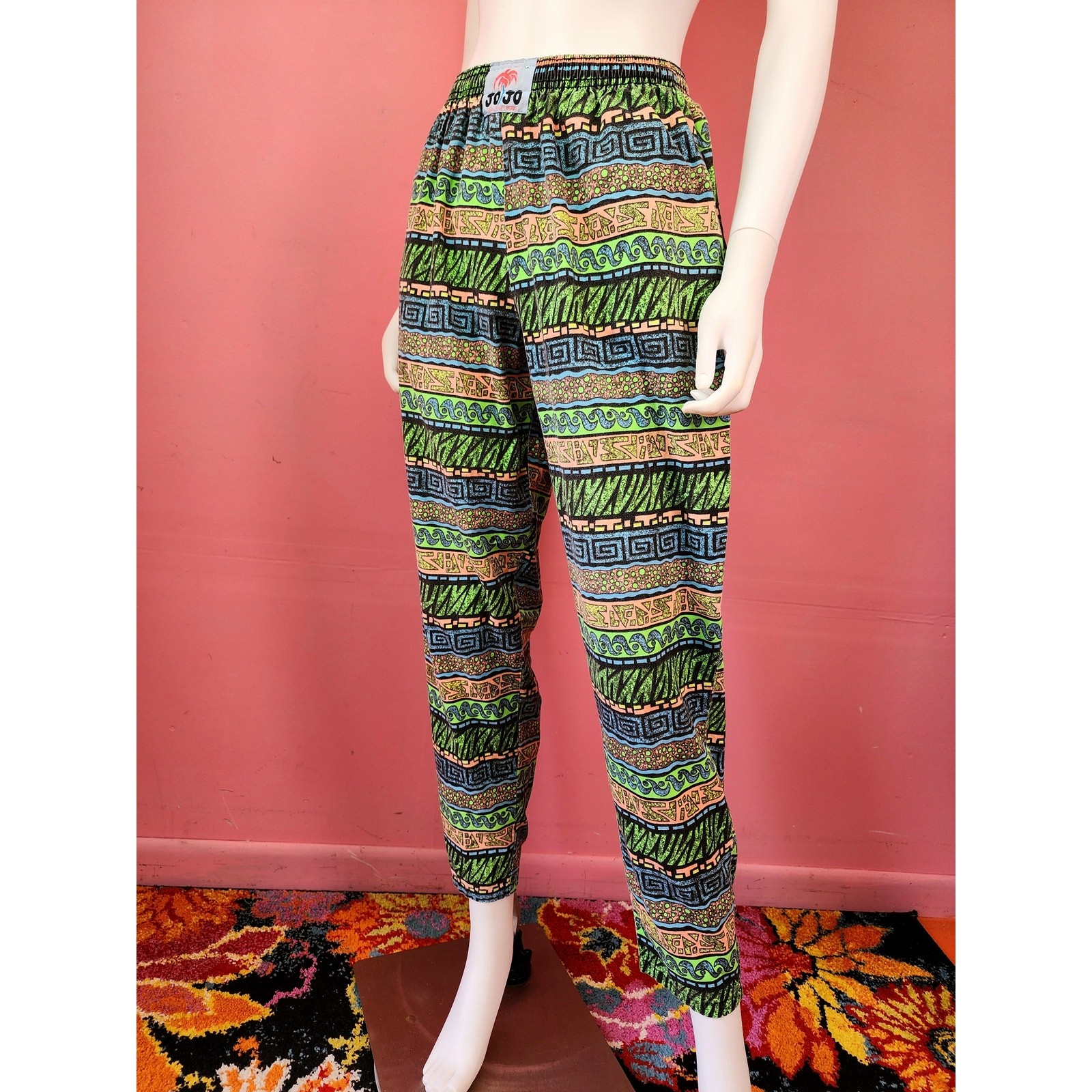 Vintage 1980’s/1990’s JoJo Green Pink Abstract Surfer Muscle Parachute Pants