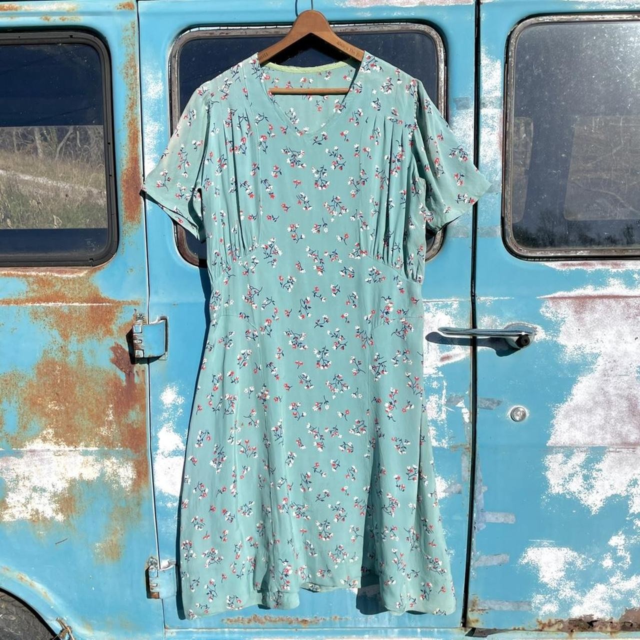 1930s aqua ditzy floral print silky rayon day dress