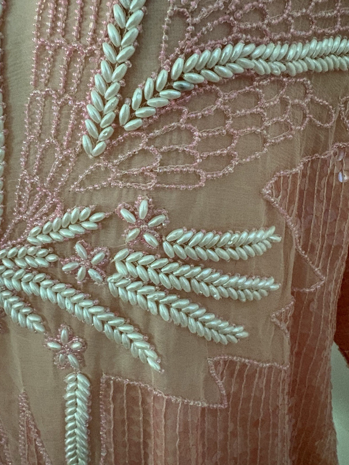 Vintage 80s Hand Beaded 100% Silk Top Pastel Pink Sequin. NWT!M Deadstock. India
