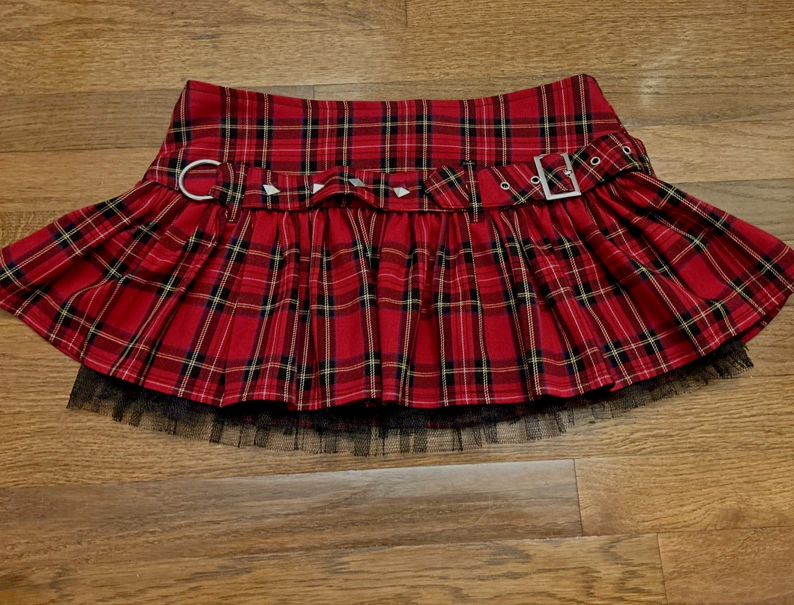 Vintage Y2K HELL BUNNY Goth Punk Buckle Tartan Plaid Tulle Mini Skirt Kilt M