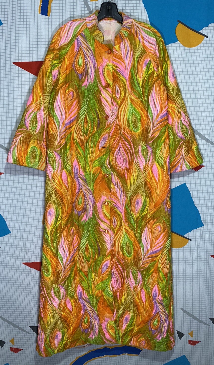 Vintage 60s Psychedelic Mod Coat Peacock Quilted Hippie Boho Rainbow Overcoat