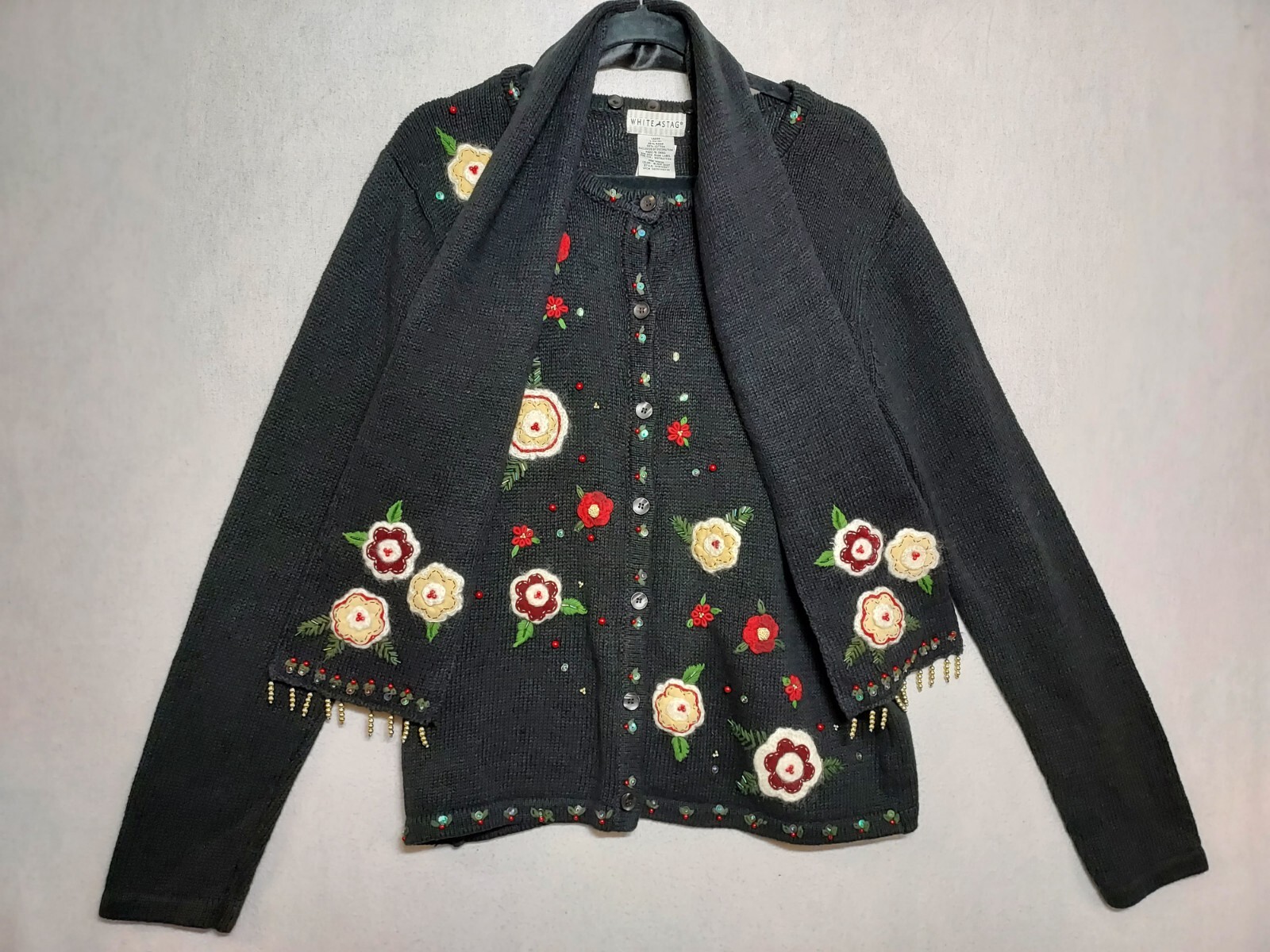 VTG Granny Core Sweater & SCARF Sz L White Stag Flowers Beaded Fringe Boho 2 Pc