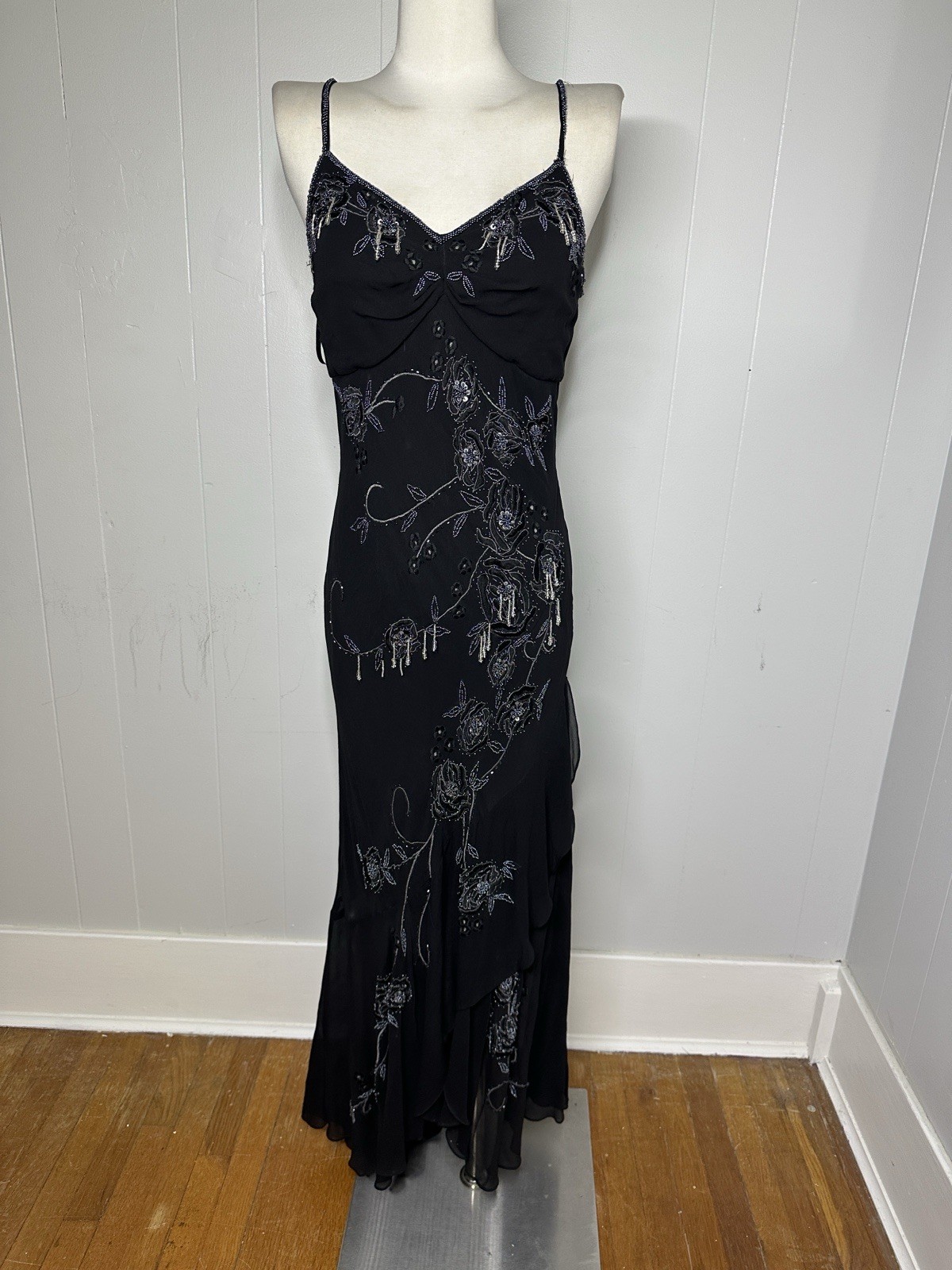 Vintage Y2K Silk Chiffon Bias Cut Beaded Art Deco Look Mermaid Maxi Dress