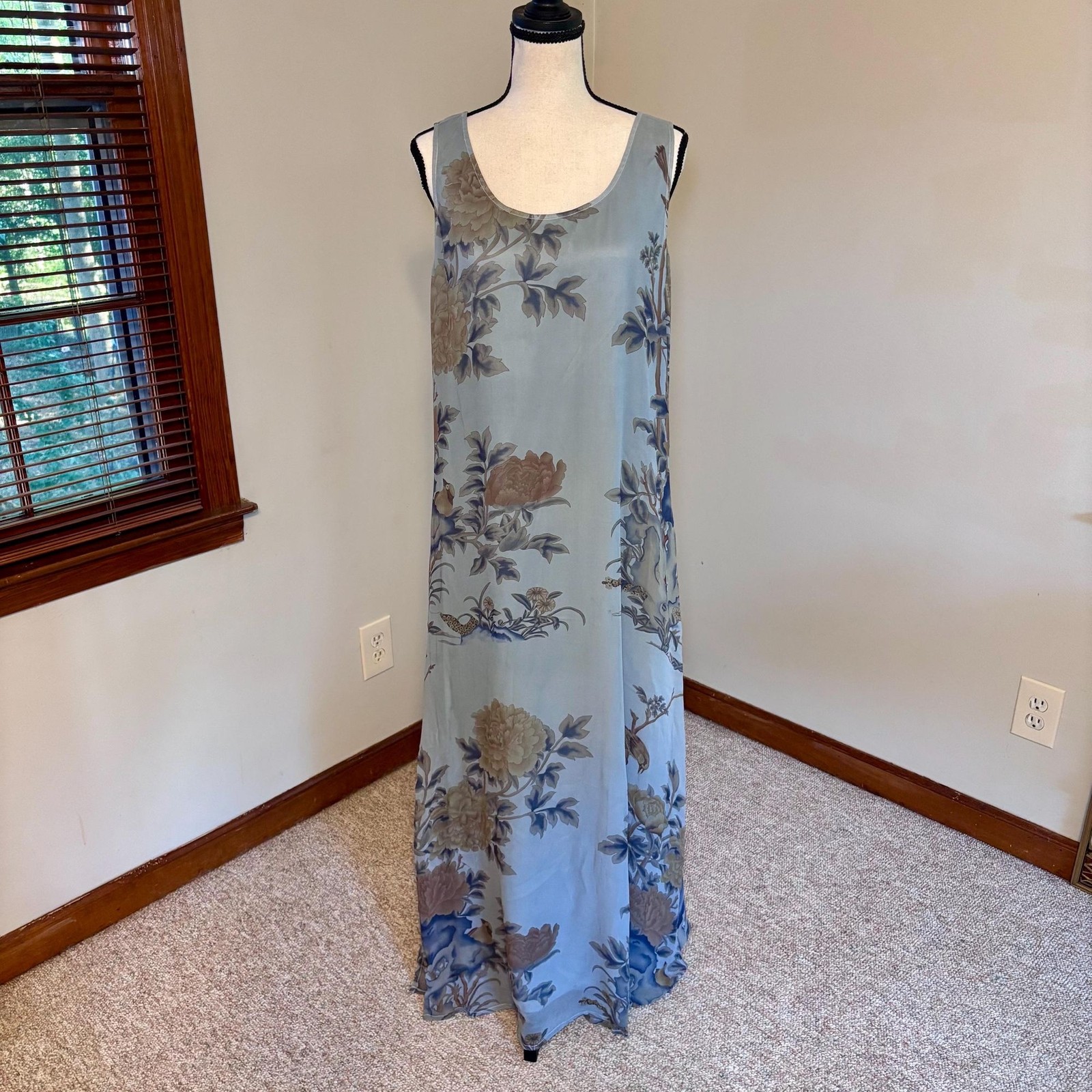Vtg 90s Citron Santa Monica Silk Floral Maxi Dress Pale Blue Floaty Romantic M