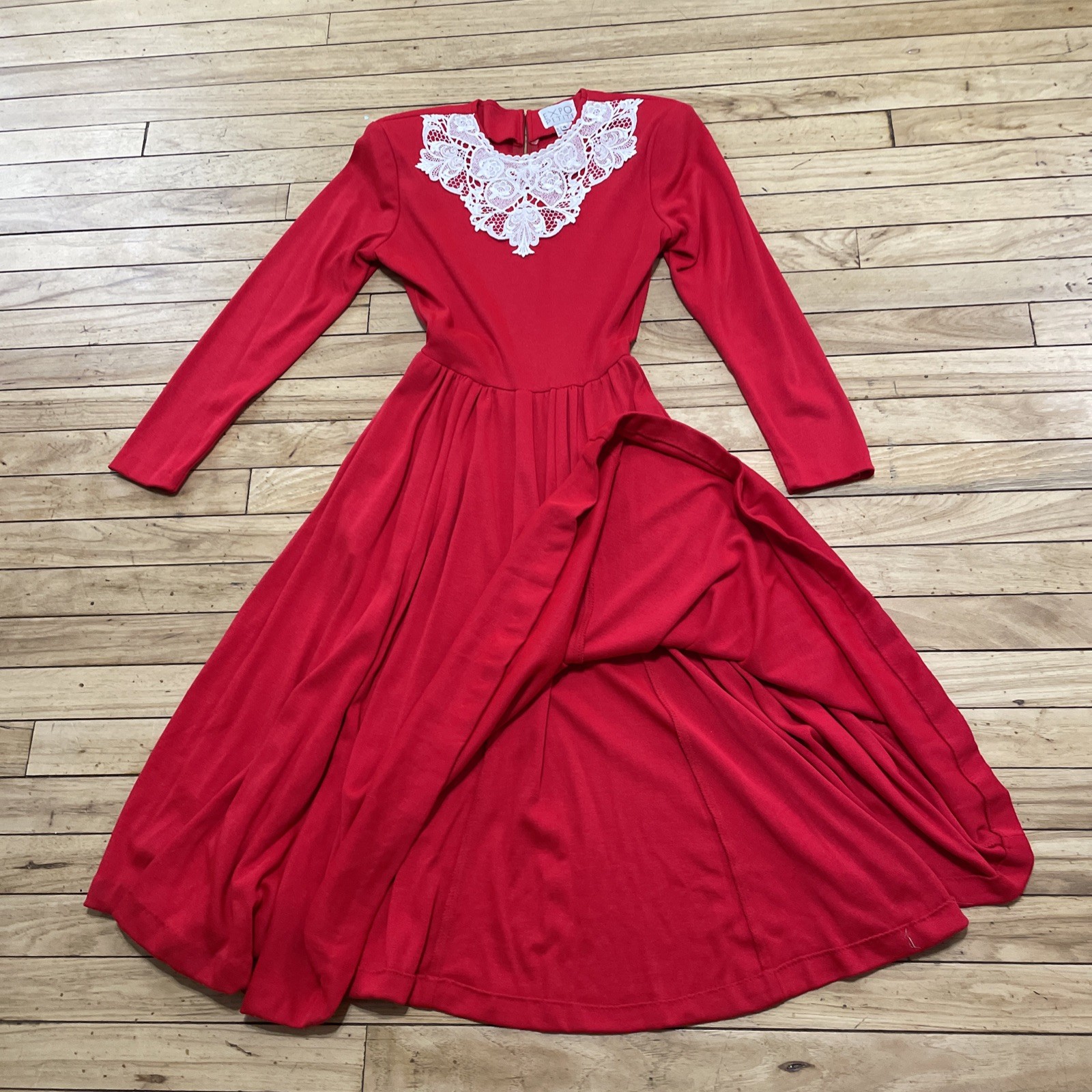 Expo Petite Vintage 1980’s Lace Trim Red Praire Dress Women 4 Wool Zip Made USA