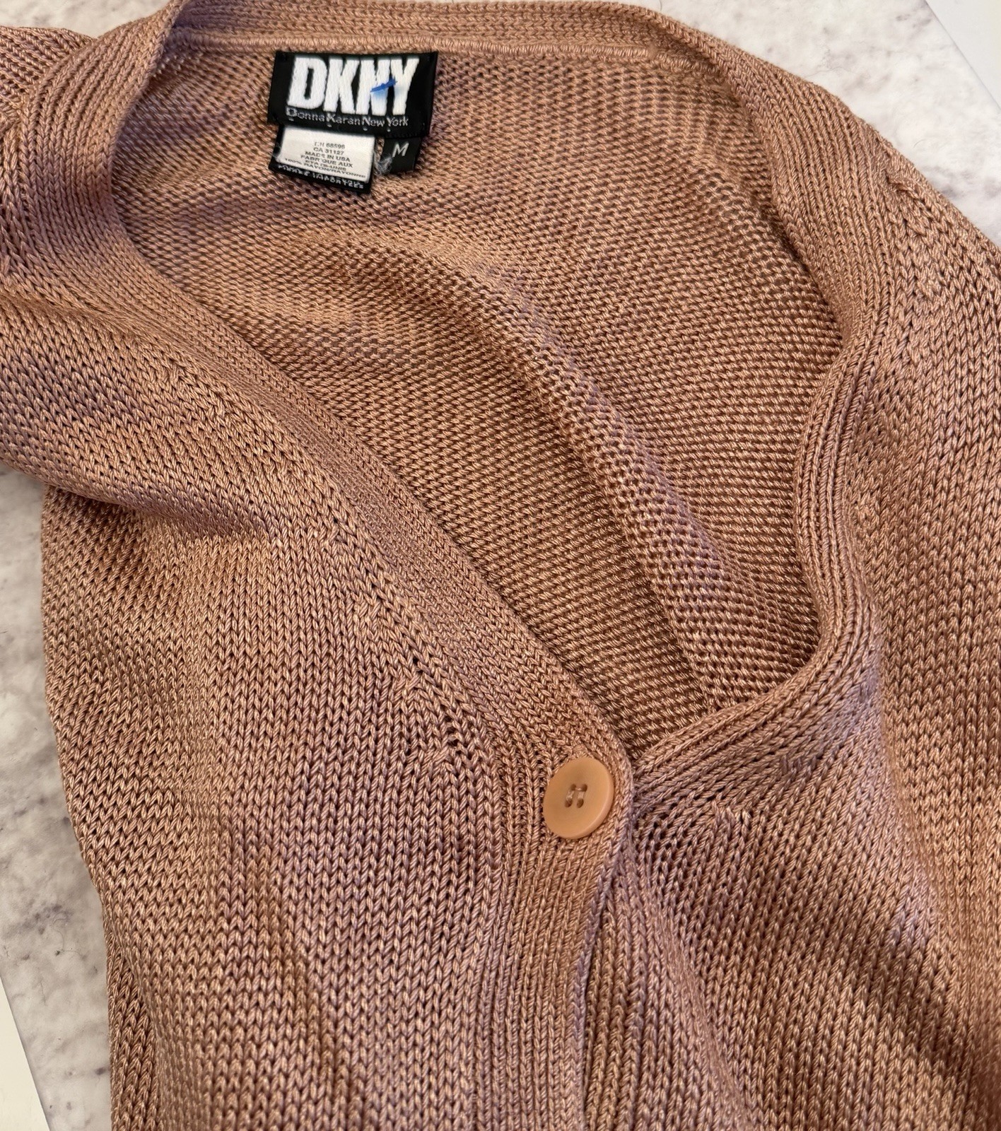Vintage DKNY Made In USA Slinky Metallic Cardigan, Neutral Pink/Rose Gold, M