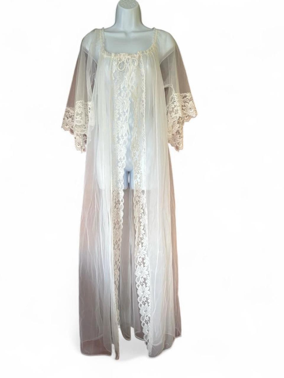 Rare Vtg Val Mode Sheer Robe OS Floral Lacy Fairy Cottage Whimsy Feminine Long