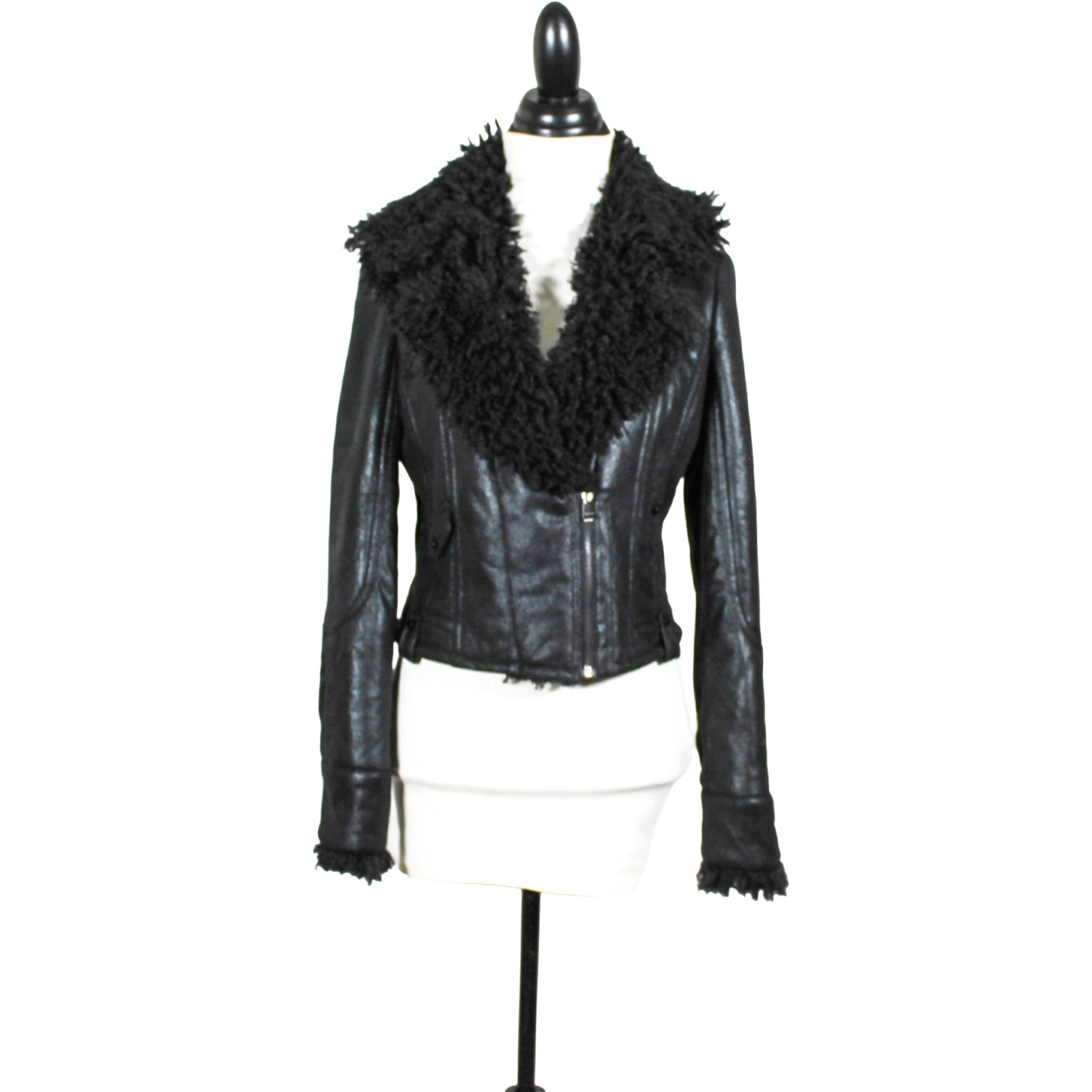 NWT 2014 Penny Lane Style Black Shag Moto Coat Glam Rocker Goth Chic Jacket