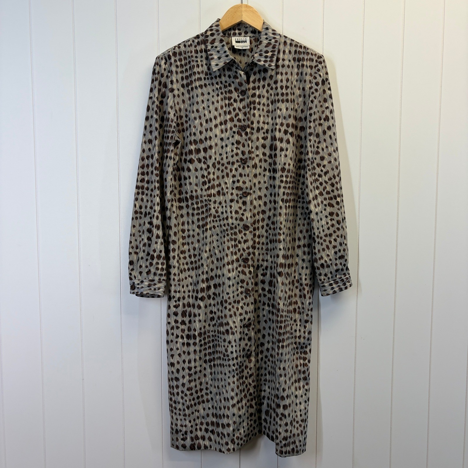 Vintage Leslie Fay 90s Abstract Animal Print Shirt Dress Women Size 12 Mob Wife