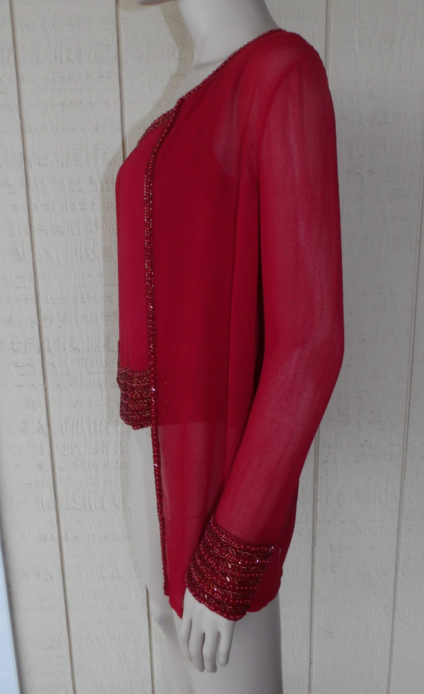 JKARA New York 8 M Cardigan Topper Jacket Tank Top Red Sheer Beaded Vtg 90s Retr