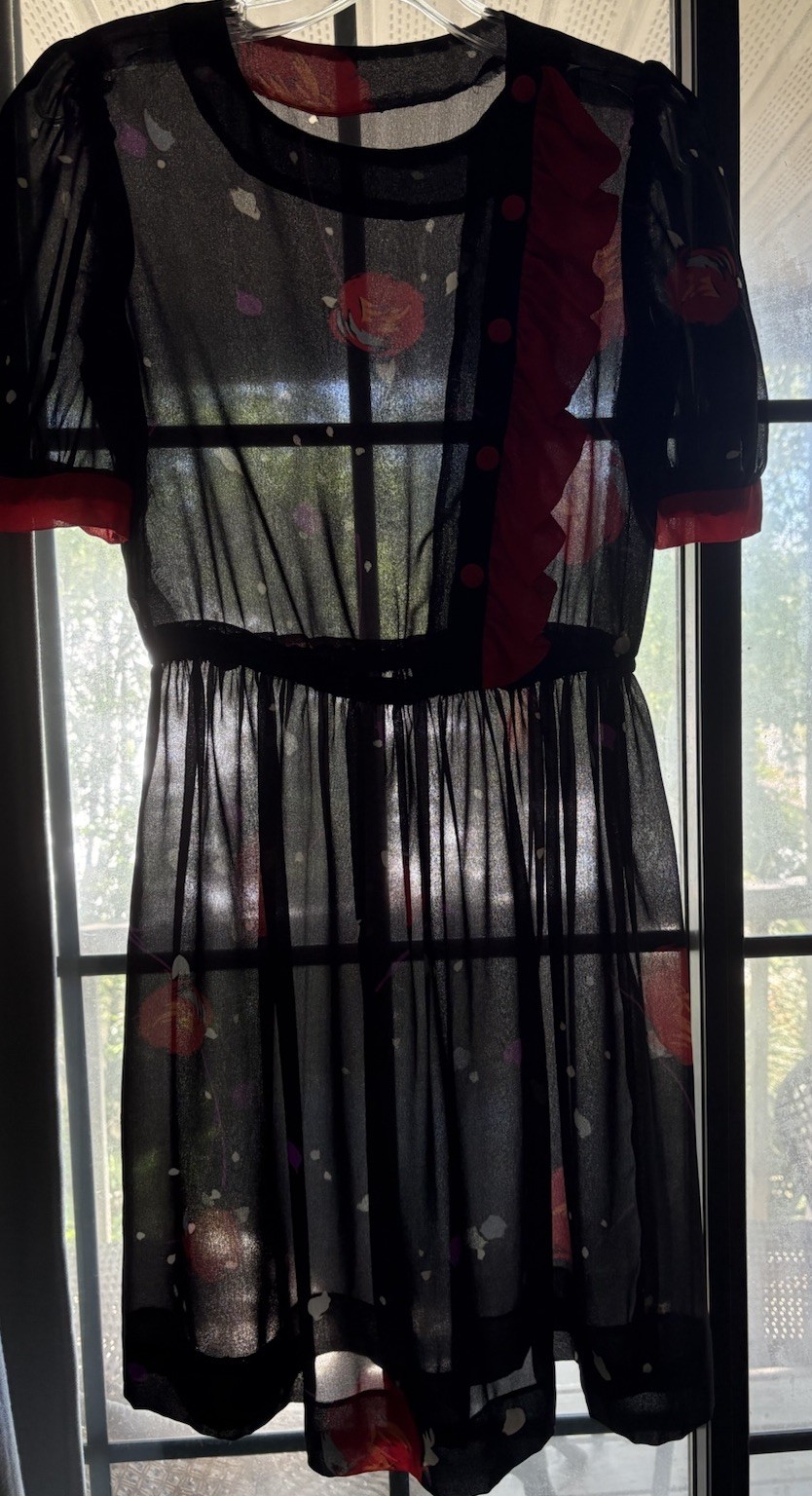 Vintage 80s New Wave Dress Sheer Chiffon Asymmetric Ruffle Puff Sleeve Punk Art