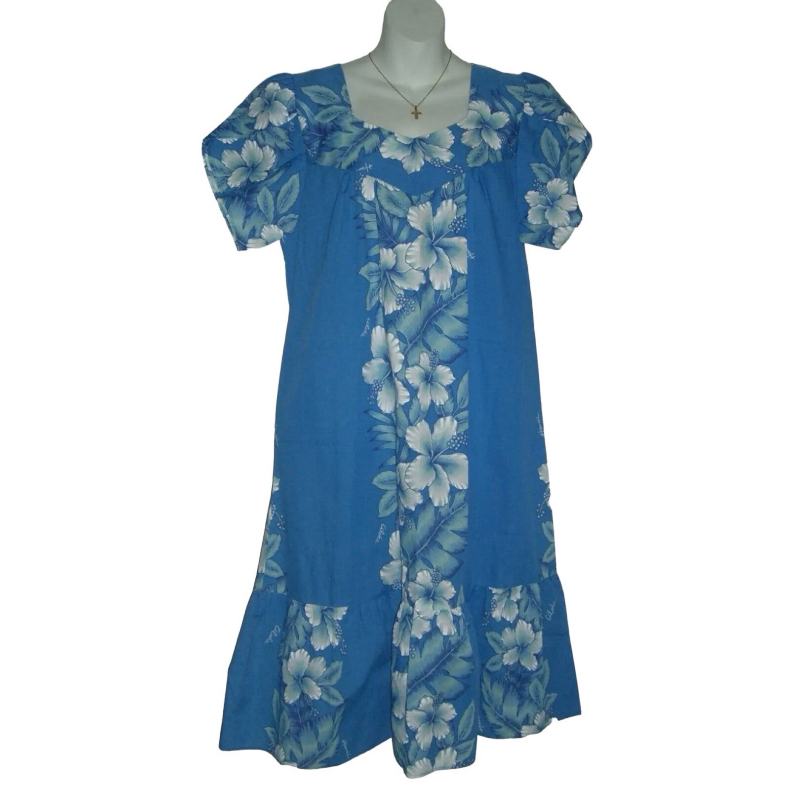 Vintage 80’s Kalena Fashions Of Hawaii Dress Flower Blue MuMu Hibiscus Vacation