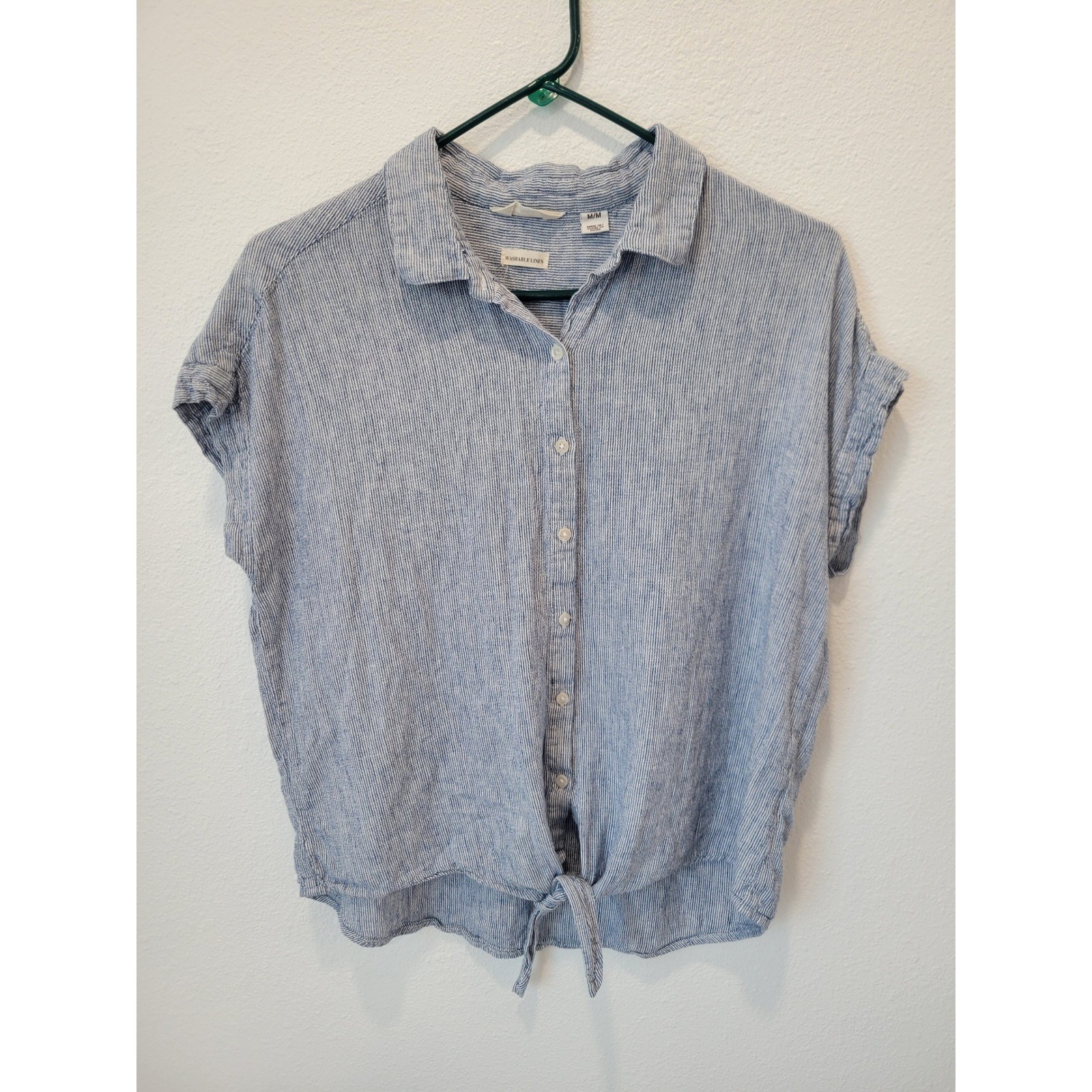 Weatherproof Vintage Blue Pinstripe Tie-Front Button-Up Top – Women’s Medium