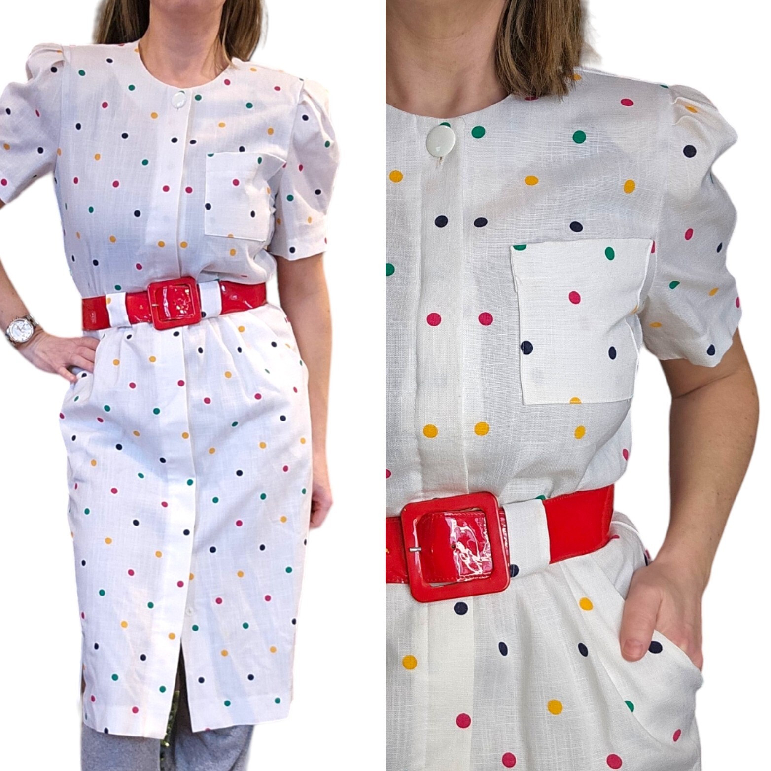 Vintage 90s S Multicolor Polka Dot Shirt Dress Belted Primary Colors White Midi